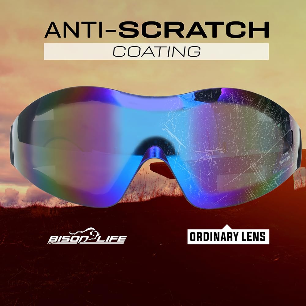 BISON LIFE Mirage - Gafas de seguridad antivaho con banda elástica ajustable y bolsa protectora, gafas de protección UV para actividades al aire libre, espejo azul, gafas ventiladas a prueba de polvo