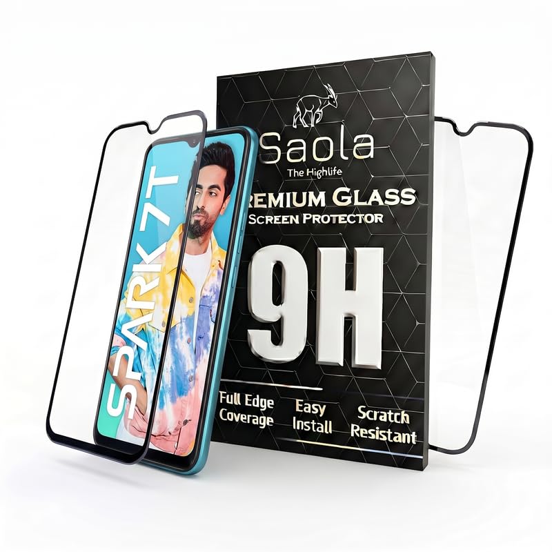 Image of Saola HD+ Oleophobic Tempered Glass Screen Protector For Tecno Spark 7T (Pack Of 2) with Free Installation Kit. Full screen Coverage - 6.52 inch
