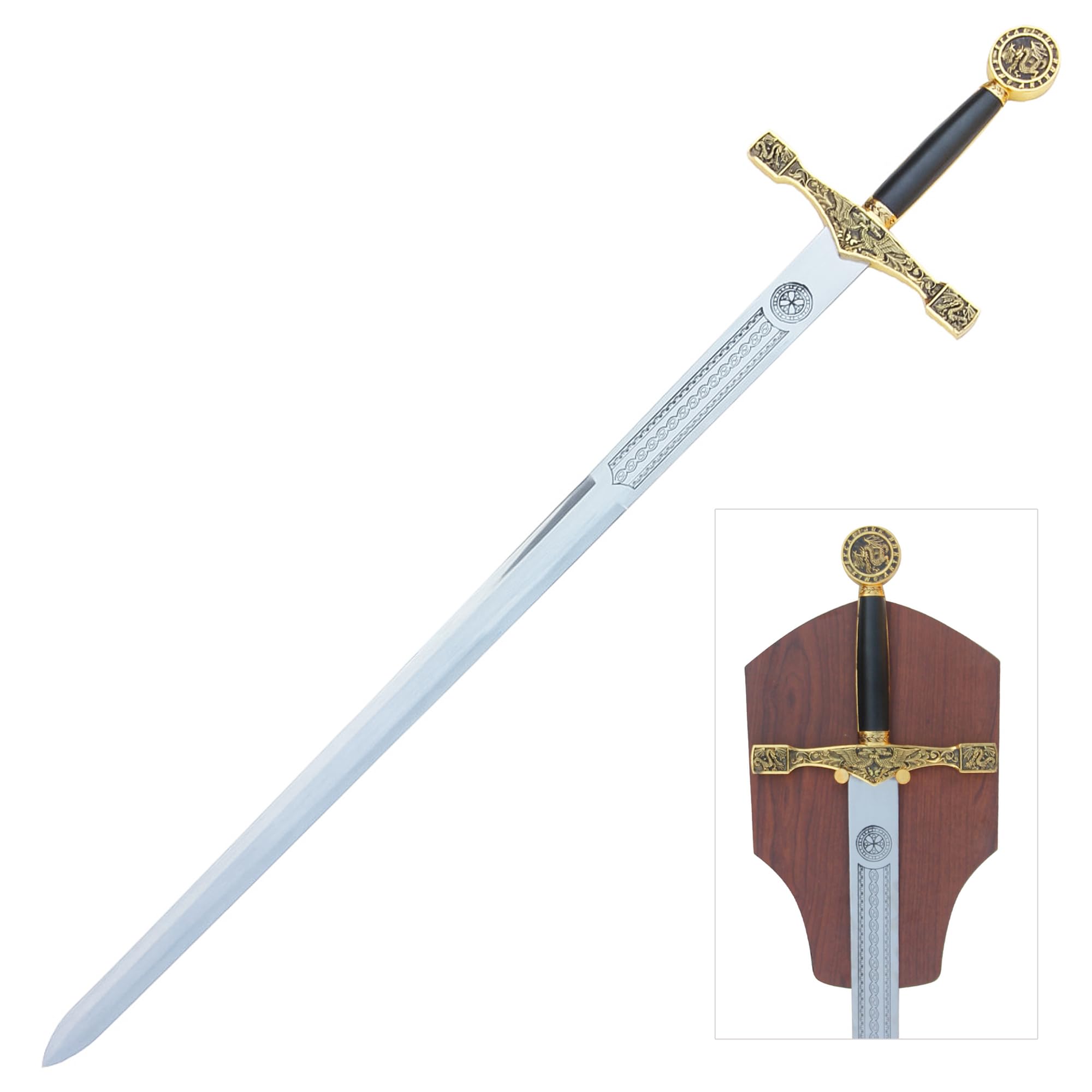 Armory Replicas™ Excalibur Sword of King Arthur – 48” Medieval Replica with Brass Handle & Gold Finish, 440 Stainless Steel Blade, Celtic Design, Free Wooden Display Plaque – Perfect for Collectors