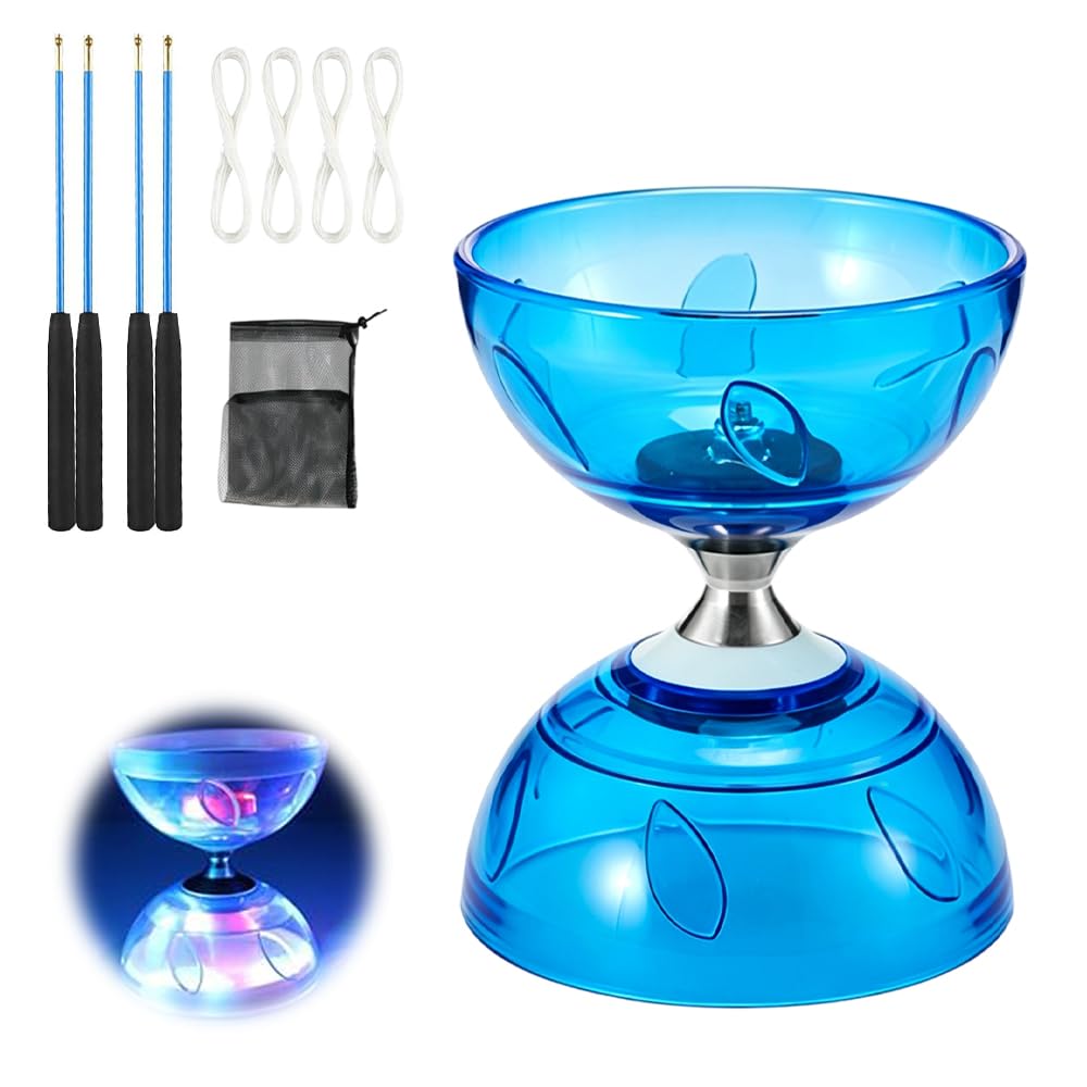 JYQOQH LED Triple Bearing Diabolo Set, With 2 Pairs of Sticks, 4 Rope, Blue
