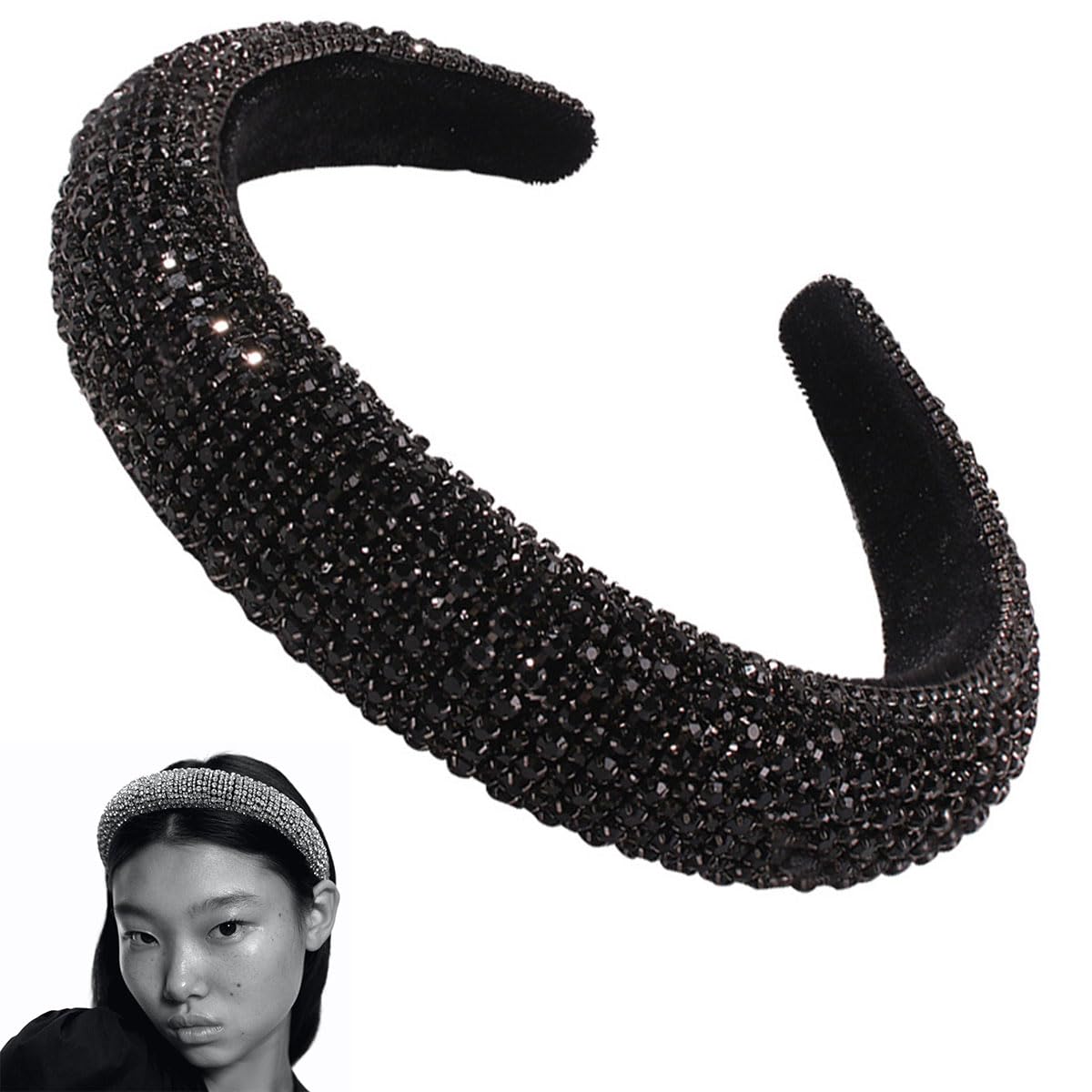 scicent Black Hairband Beaded Rhinestone Headbands Padded Wide Hair Bands Crystal Diamond Head Band for Women Girls 16812