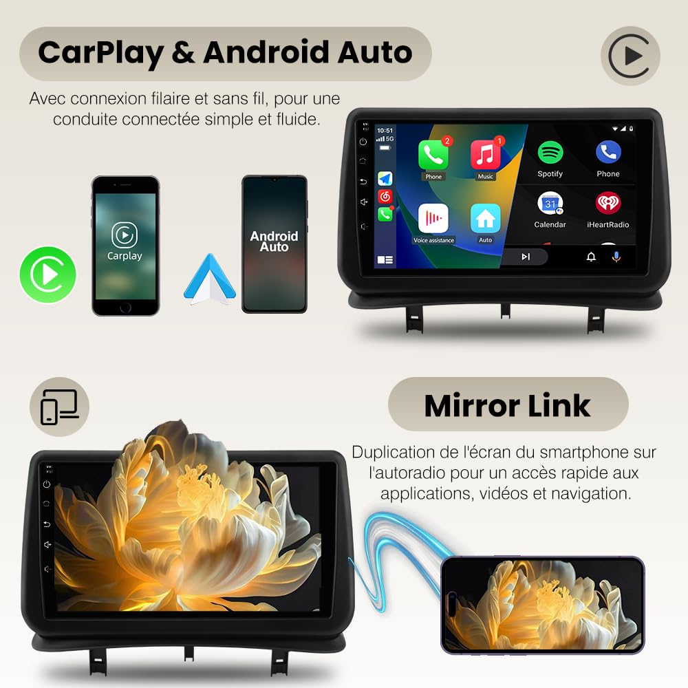 AWESAFE Autoradio pour Renault Clio III 2005-2014, 9 Pouces Écran Tactile HD, CarPlay & Android Auto sans Fil, Bluetooth, Caméra de recul, Commande au Volant, DSP, WiFi GPS