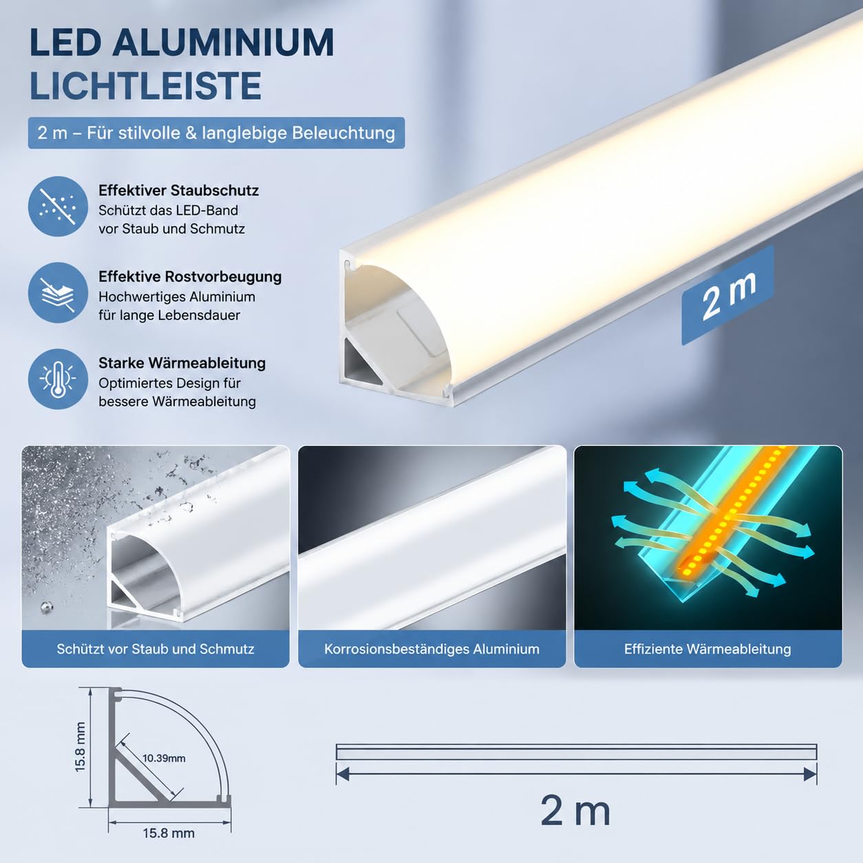 Silver LED Aluminium Profil, Eckprofil mit weißer Abdeckung für LED Streifen bis 10.1mm, 2m x 5 Stück, 15.8mm x 15.8mm, für Wohnraum, Treppenhaus & Flurbeleuchtung