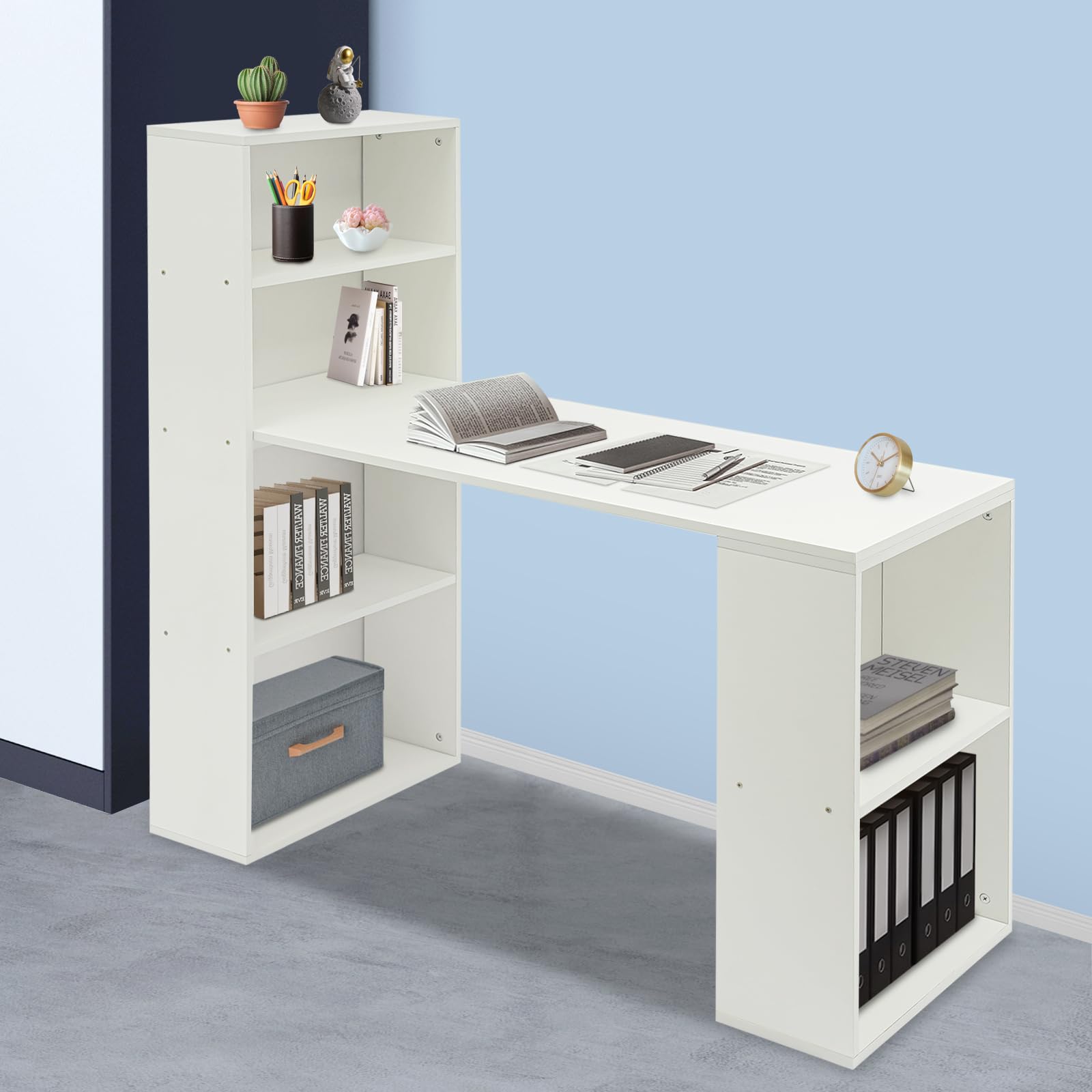 Scrivania con vano portaoggetti, scrivania per computer, scrivania angolare | Libreria a 4 ripiani e 2 ripiani laterali, per camera da letto, soggiorno, studio e ufficio, 120 x 52,4 x 120 cm
