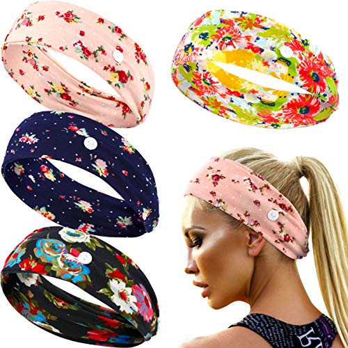 4 Pieces Wrap Boho Headband with Button Knotted Elastic Button Headband Twisted Yoga Sports Hairband Headwrap for Women Running Sports Travel Outdoor Supply (Bright Floral)