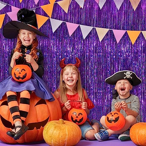 Image of 2 Pack Purple Metallic Tinsel Foil Fringe Curtains, Purple Streamers 3.3 x 8.3ft Party Streamers for Birthday Party Decorations, Foil Curtain Backdrop for Wedding Bachelorette Party, Halloween Decor
