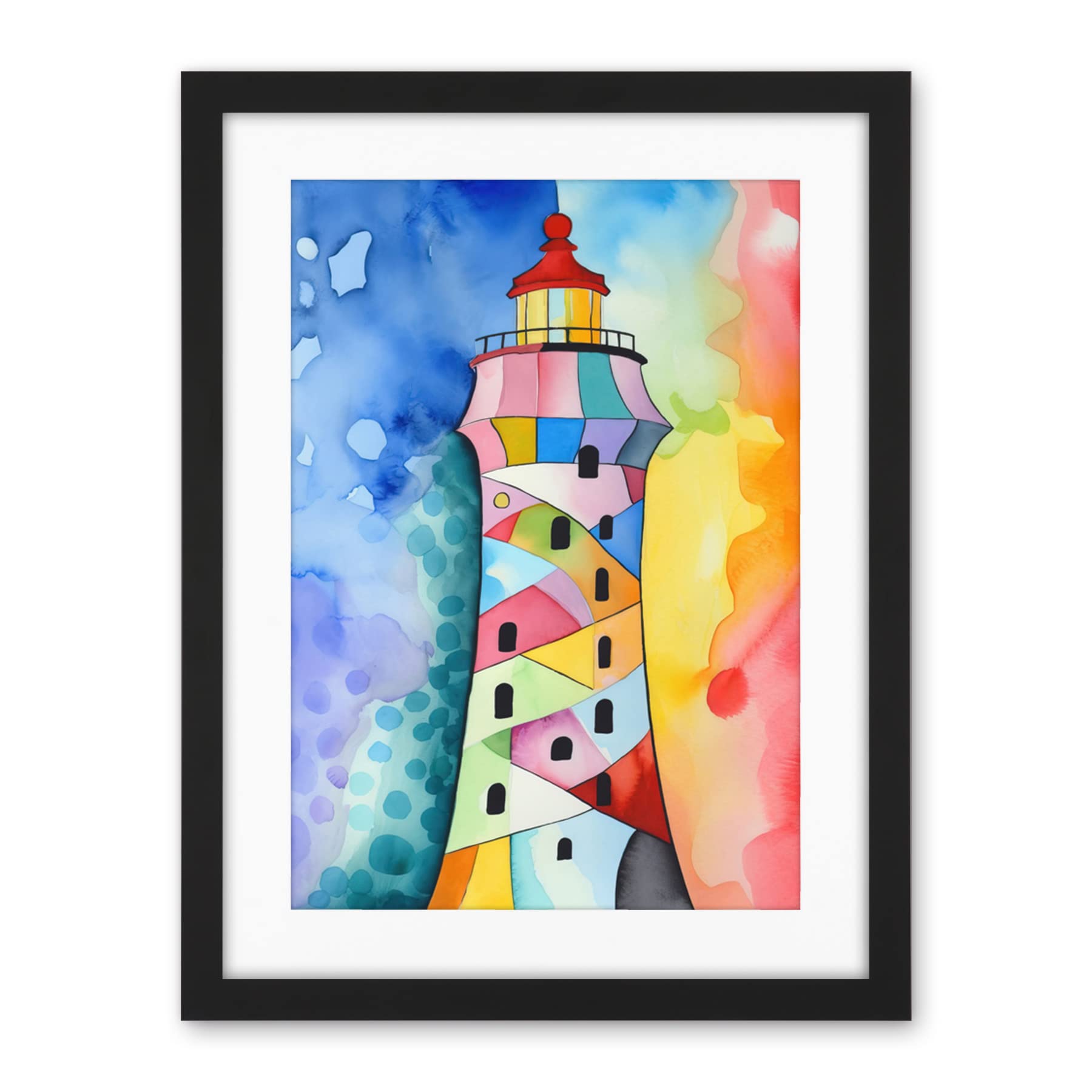 Artery8 Lighthouse Concept With Rainbow Colour Sky Folk Art Watercolour Painting Artwork Framed Wall Art Print 18X24 Inch