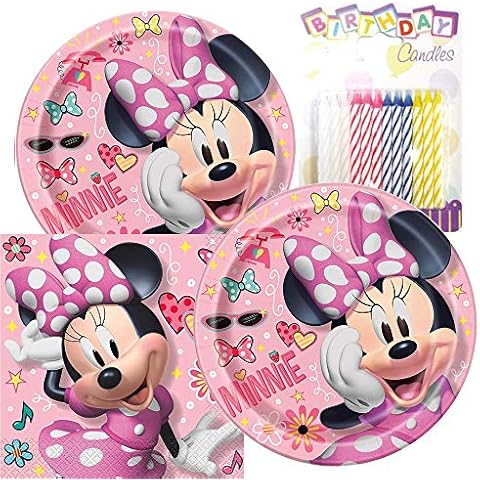 Minnie Mouse Themed Party Pack - Includes Paper Plates & Luncheon Napkins Plus 24 Birthday Candles - Servers 16 Cover