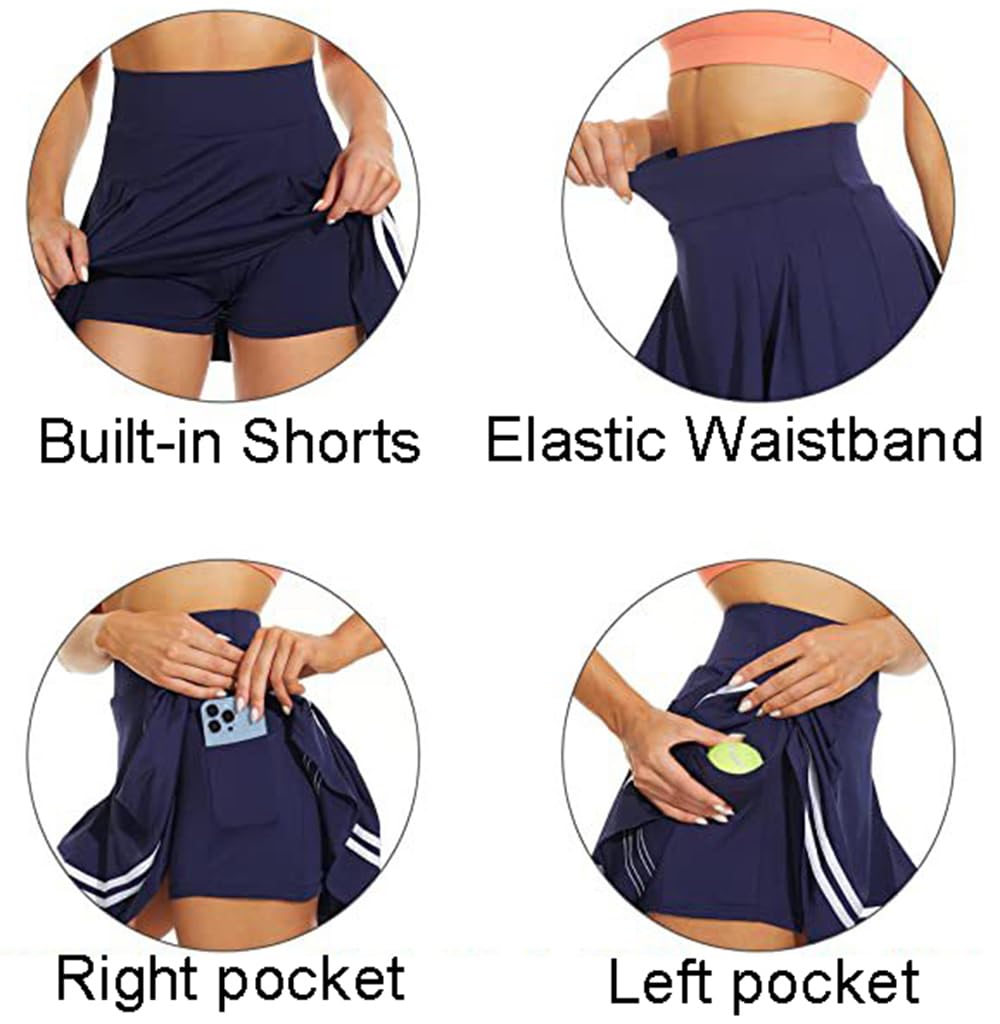 ThreeH Falda de Tenis Plisada de Cintura Alta para Mujer Pantalones Cortos con Forro Incorporado Niñas Uniformes Escolares para Niñas con 2 Bolsillos