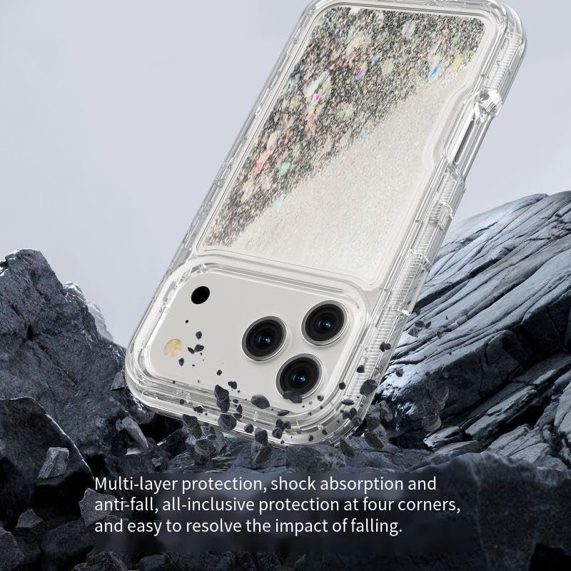 Asuwish Phone Case for iPhone 17 Pro 6.3 inch Screen Protector Bling Liquid Glitter Clear Hybrid Shockproof TPU Military Grade Protective Heavy Duty Cell Cover i Phone17 i17 17Pro Silver - Image 3