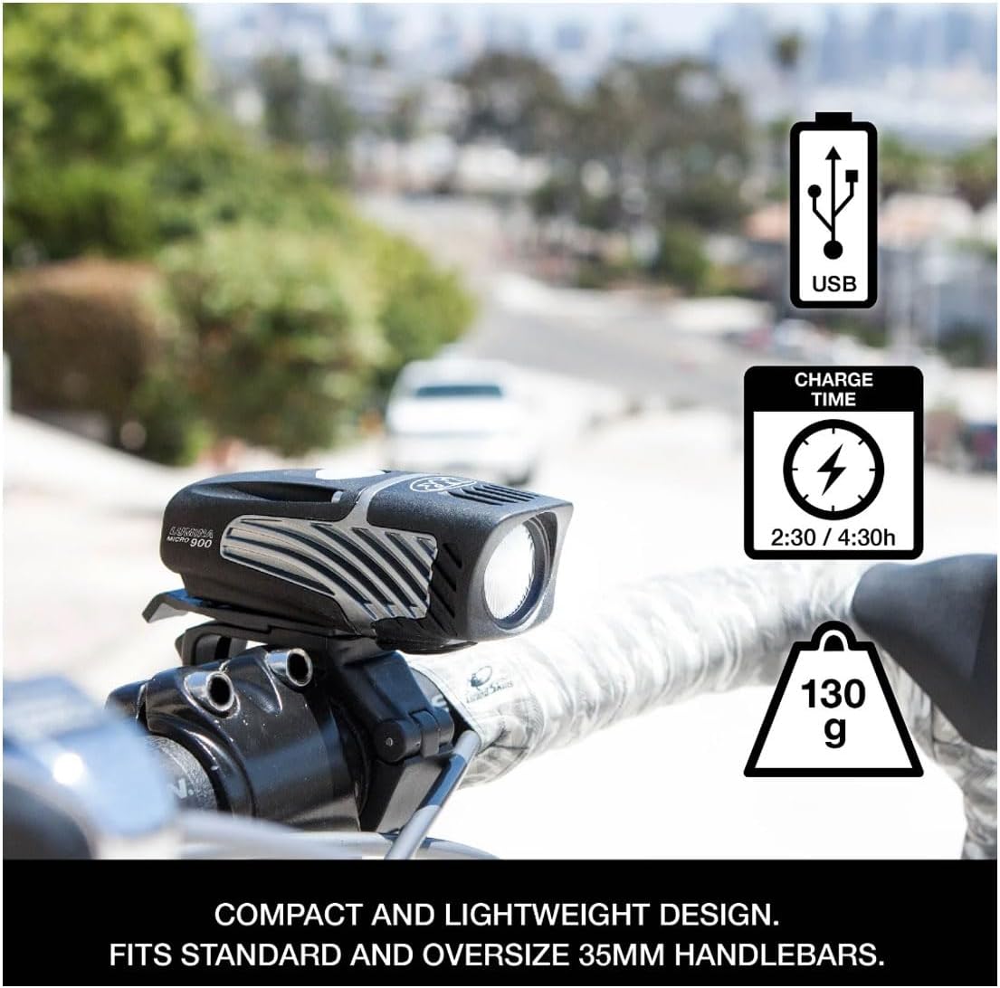 NiteRider Lumina Micro 900 showing USB charging port and charge time.