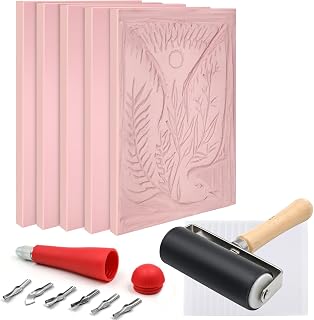 5 Pack 4x6 Pale Pink Rubber Stamp Carving Blocks Linoleum Block with Linoleum Cutter and Rubber Brayer Roller for Stamp Maker Printmaking Supplies