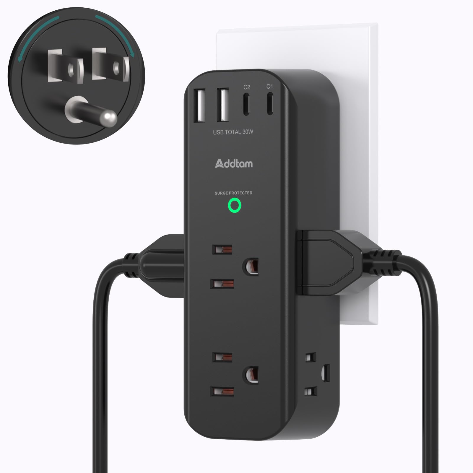 Outlet Extender Surge Protector - with Rotating Plug, 6 AC Outlets Splitter 4 USB Ports, 1800J, 3-Side Power Strip Wall Mount, Multi Plug Outlet
