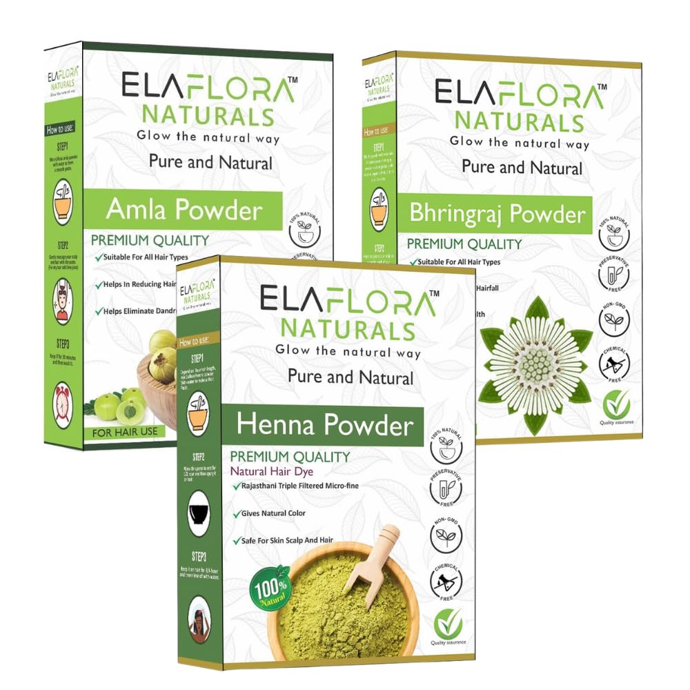 Elaflora 100% Natural Henna, Amla & Bhringraj Powder Combo for Hair Colour, Shine & Scalp Care (3 x 100gm Total – 300gm)-picture-49