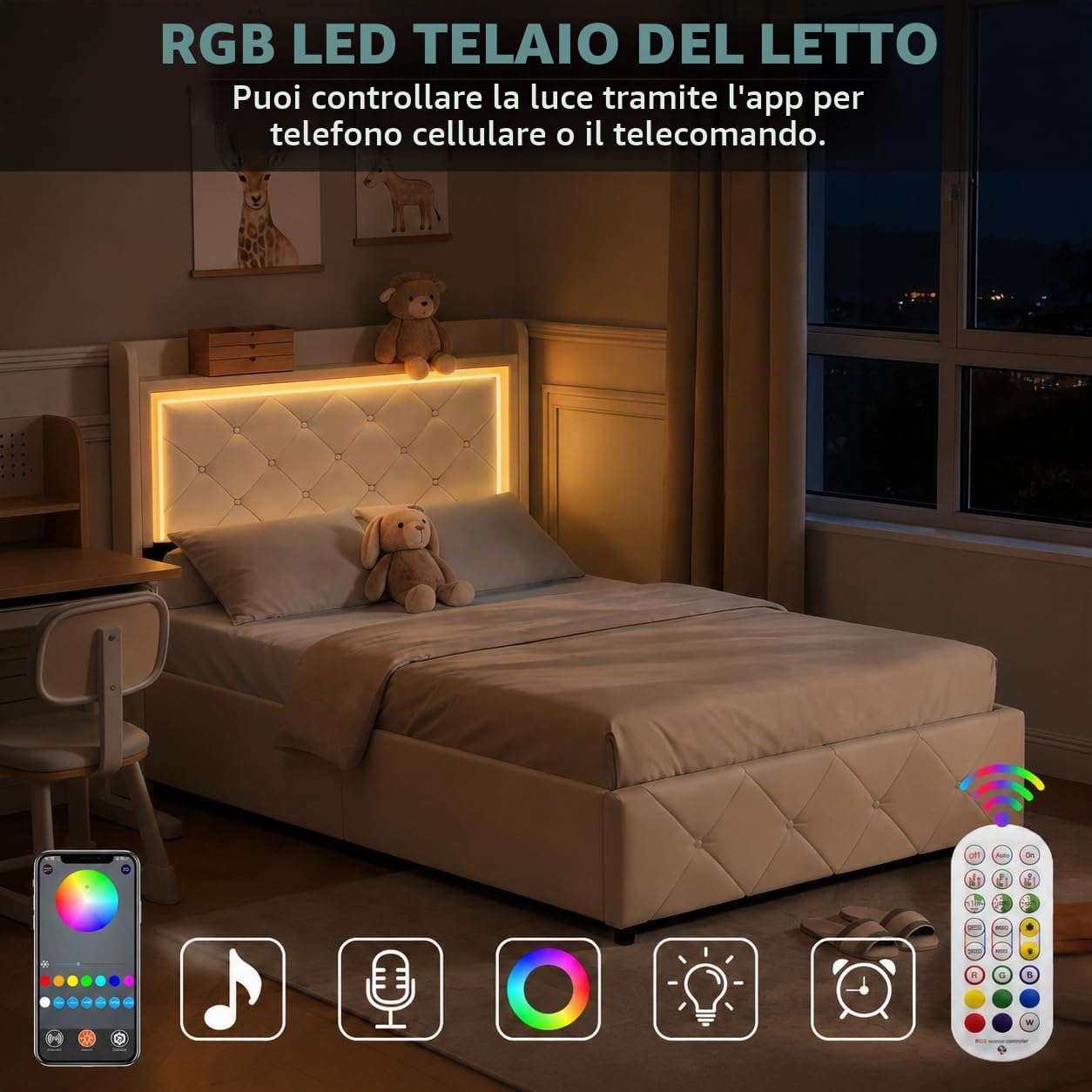 90x200 Letto Singolo Imbottito con 2 Cassetti di Riordinamento, LED e Porta USB - 90x200 cm Struttura per Letto a Una Piazza con Testata Imbottita e Rete a Doghe