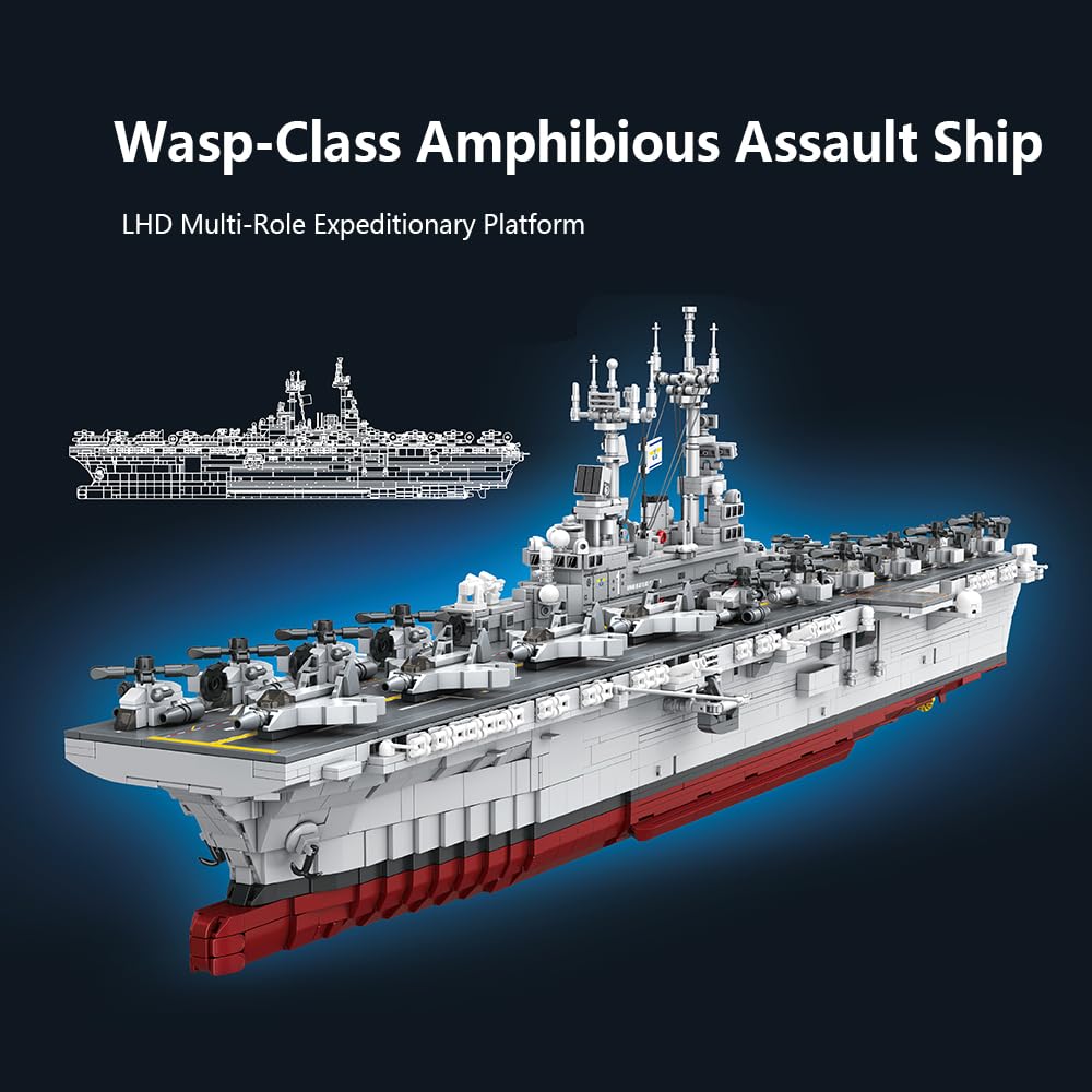 MISINI M7024 Amphibisches Angriffsschiff der Wasp-Klasse Klemmbausteine Technik, Militärserie, 1:300 Groß Kriegsschiff, 5220 Teile, Flugzeugträger-Sammlerspielzeug, MOC-Schlachtschiff für Erwachsene