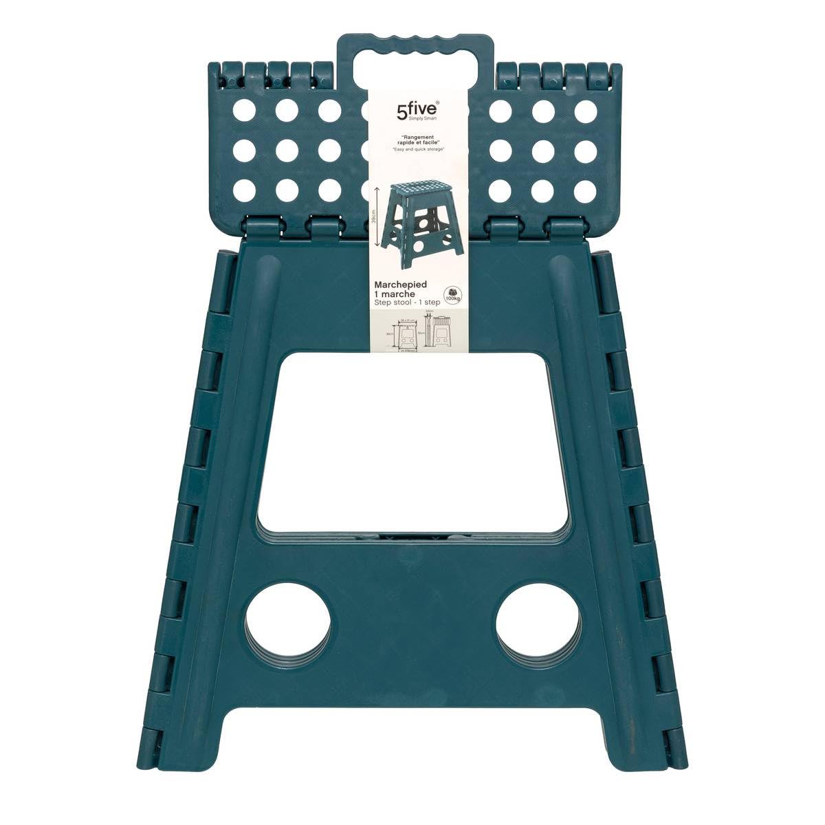 5five - Taburete Plegable de plástico, Negro, 1 peldaño, 39 cm, Cierre de Seguridad, fácil Almacenamiento, Revestimiento Antideslizante, Carga máxima 110 kg