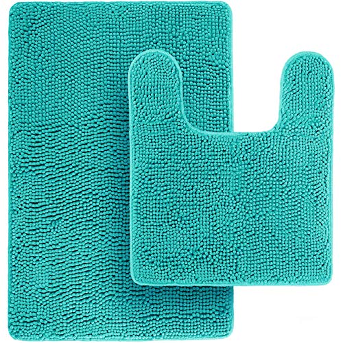 Deartown Non-Slip Shaggy Bathroom Rug,Soft Microfibers Chenille Bath Mat With Water Absorbent, Machine Washable(2 Pieces:20X32+20X24U,Turquoise) #TOP4