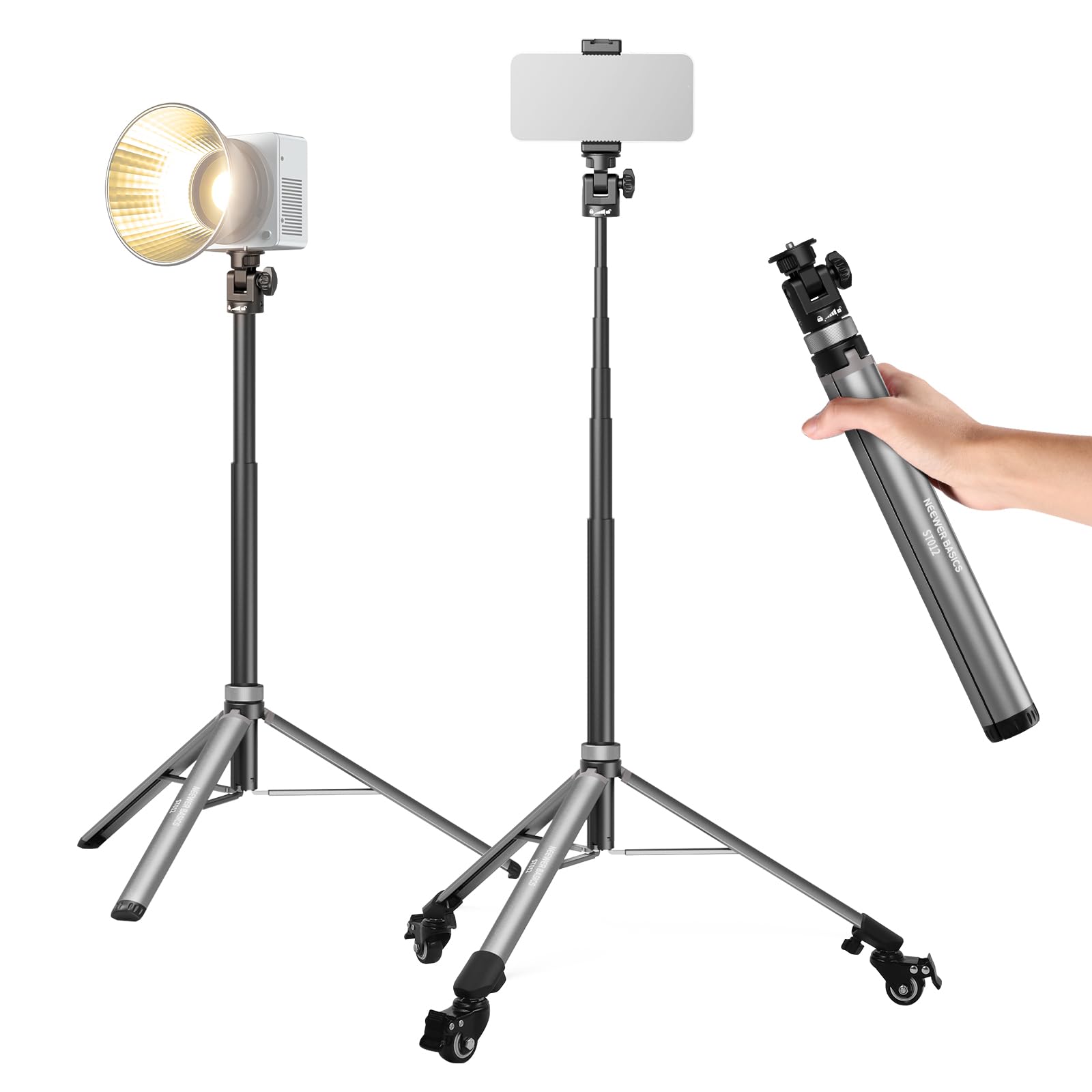 NEEWER Basics Rolling Light Stand with 1/4" Screw & Phone Holder, Adjustable Aluminum Alloy Tripod with Detachable Wheels for Photography Video