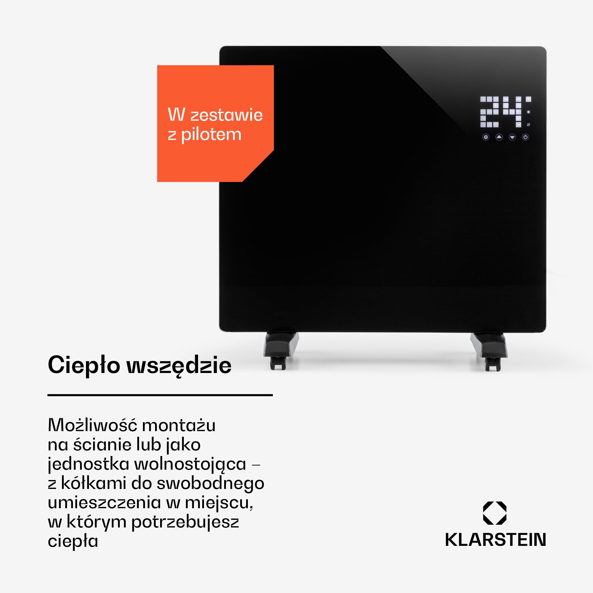 Klarstein Grzejnik elektryczny, Grzejnik konwektorowy na kółkach, Przenośny energooszczędny, Smukły, cichy elektryczny, Wolnostojący z termostatem, 1000 W