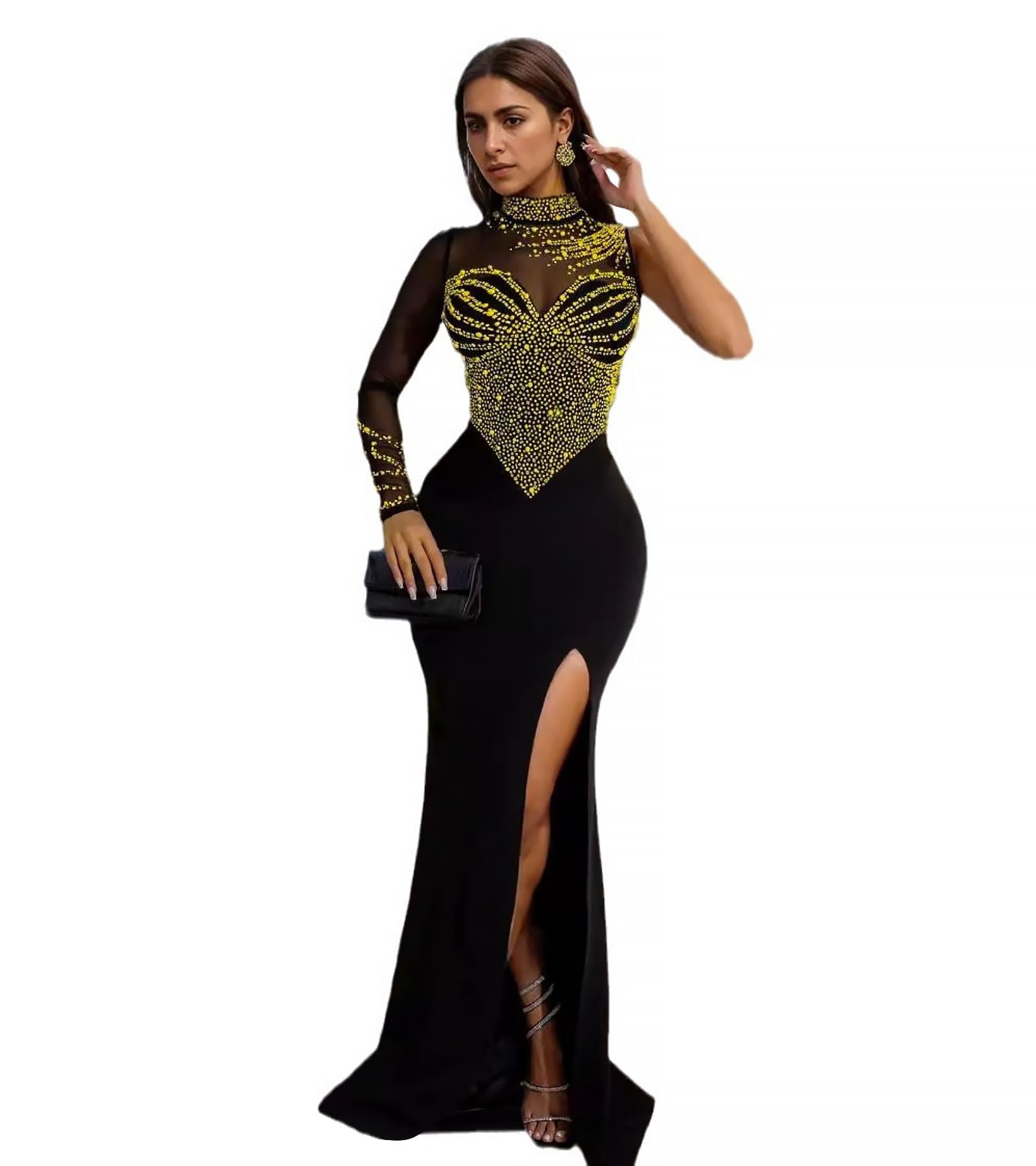 PORRCEY Women Sexy Elegant Rhinestone Mesh See Through Evening Dresses Party Club Night Clubwear