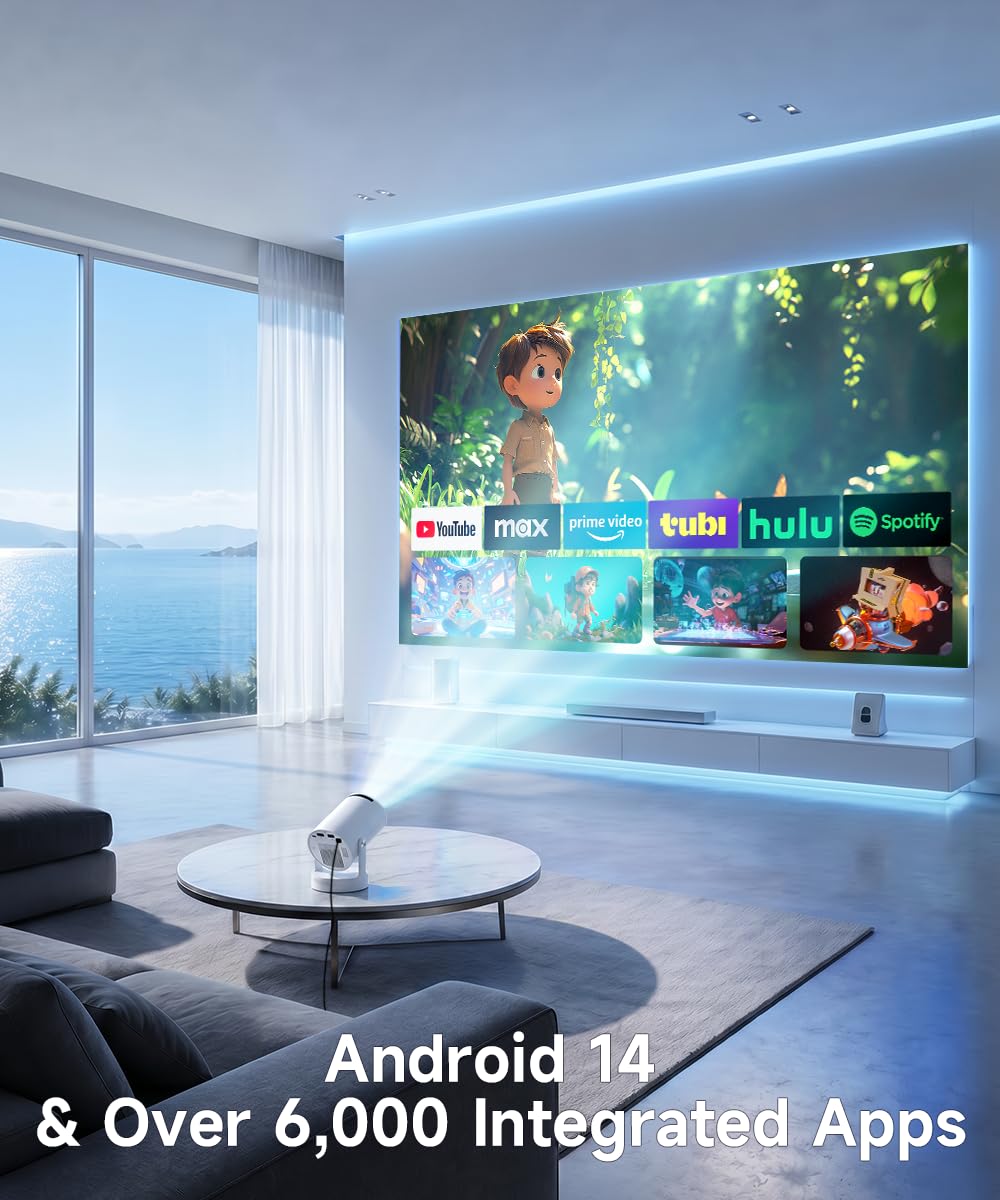 Magcubic Mini Projector 4K HY300pro+, Supports Smart Projector Android 14 | Car Keystone Correction, Projector 4K Home Cinema with WiFi 6 BT 5.4, 180° Rotation, 5 W Speaker