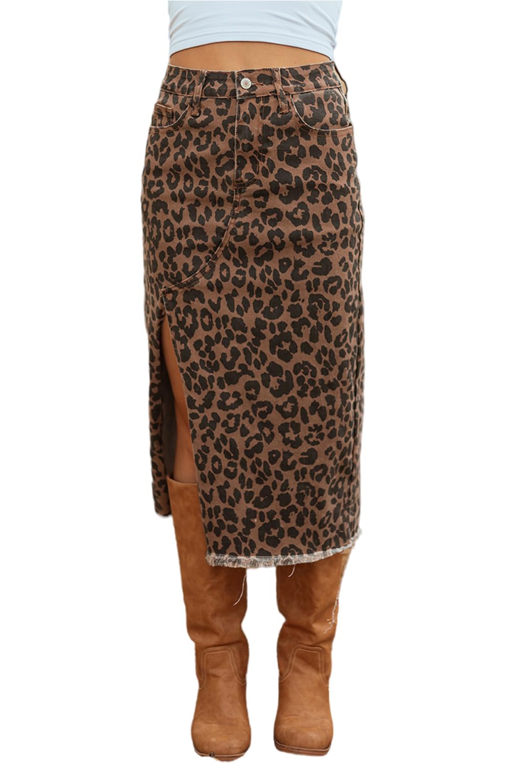 yoeasy Womens Casual Midi Denim Skirt Leopard Print High Waist Frayed Split Distressed Button Cheetah Jean Skirt