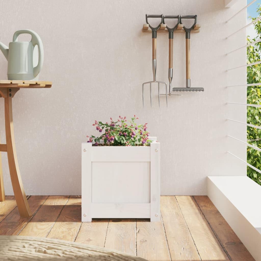 Weißer Pflanzkübel aus massivem Kiefernholz 31 x 31 x 31 cm für Balkon, Terrasse, Garten, Fensterbank, innen und außen, für Blumen, Kräuter und Gemüse