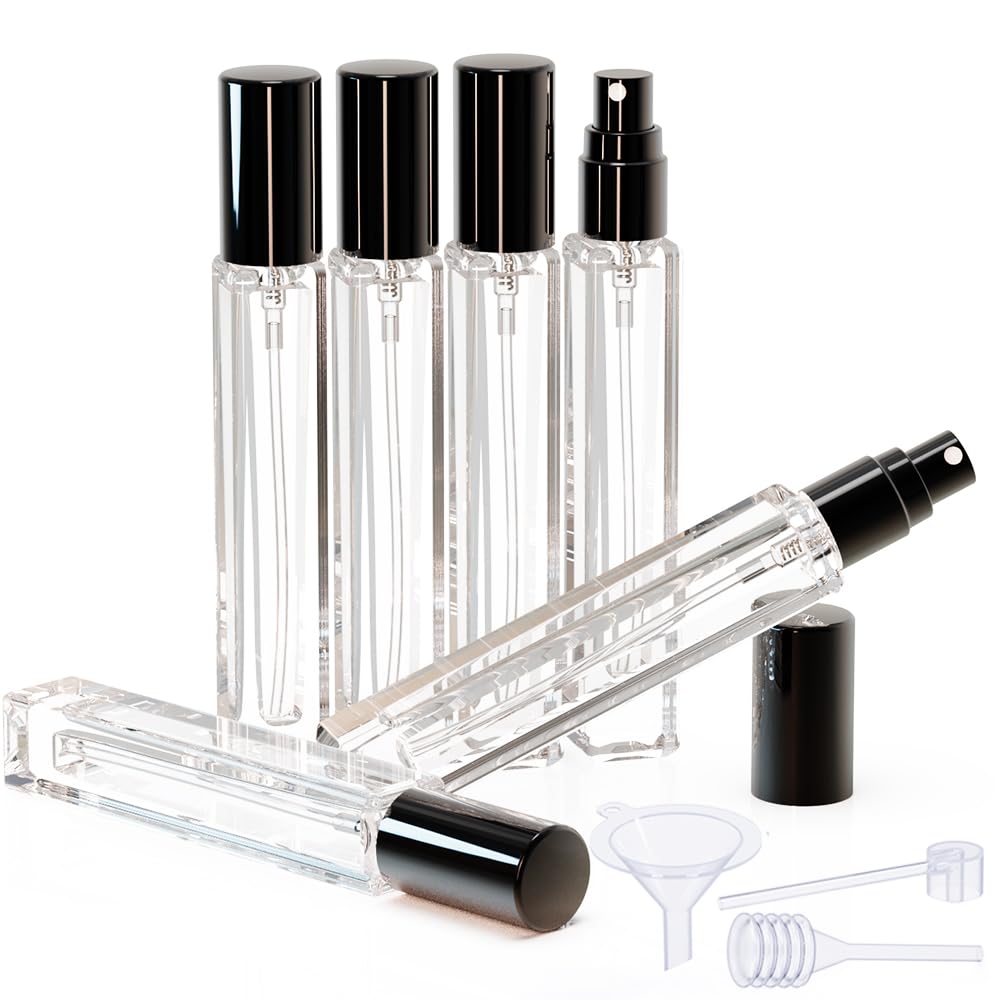 Jagolain Mini Glass Spray Bottles, 10ml, 6 Pack, Fine Mist Refillable, Portable Travel Perfume Atomizers (Black)