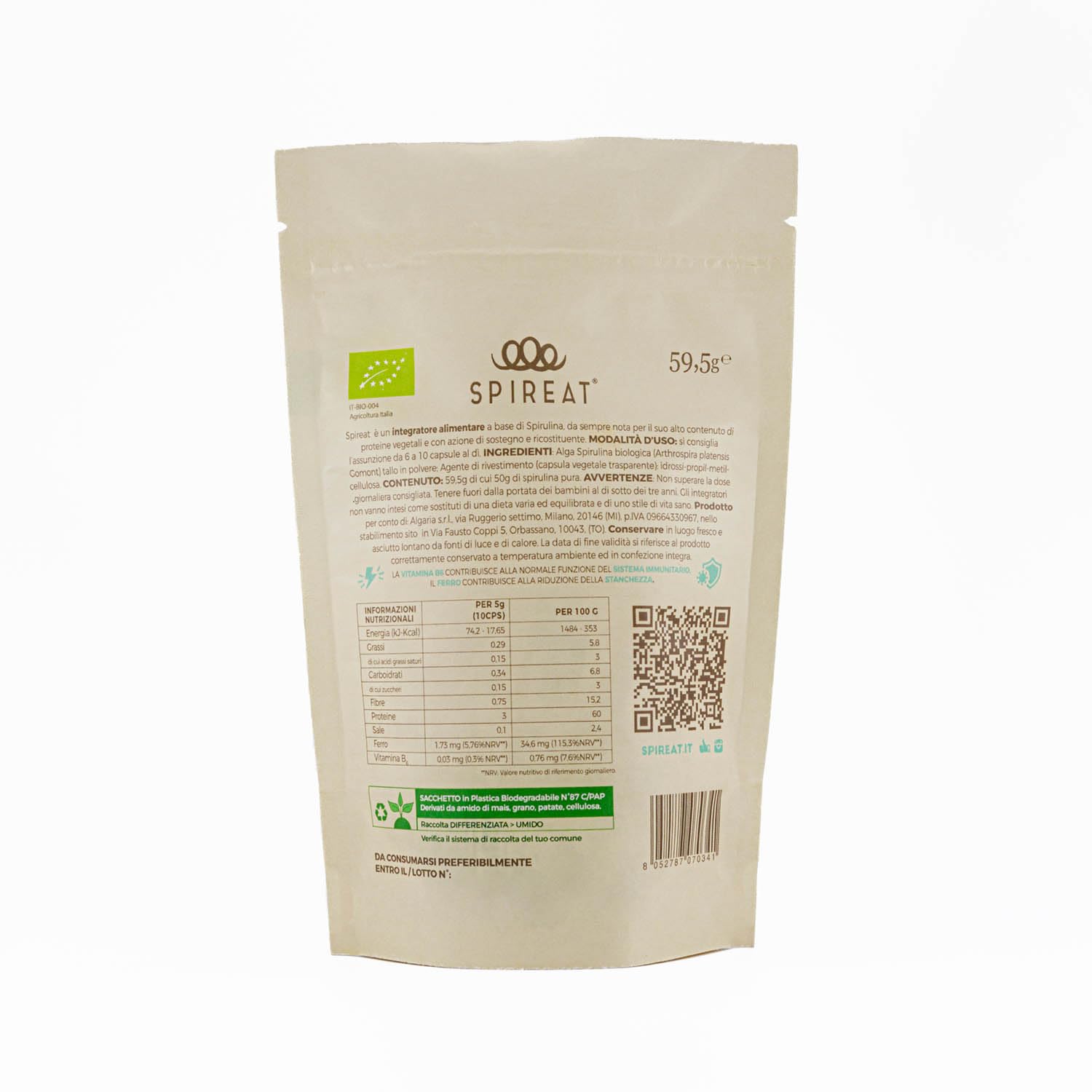 Capsule di Spirulina Pura - Italiana e Biologica - 100 capsule per confezione - 0,5 g per capsula - rilascio immediato, senza sapore, ricca di vitamine, proteine e sali minerali