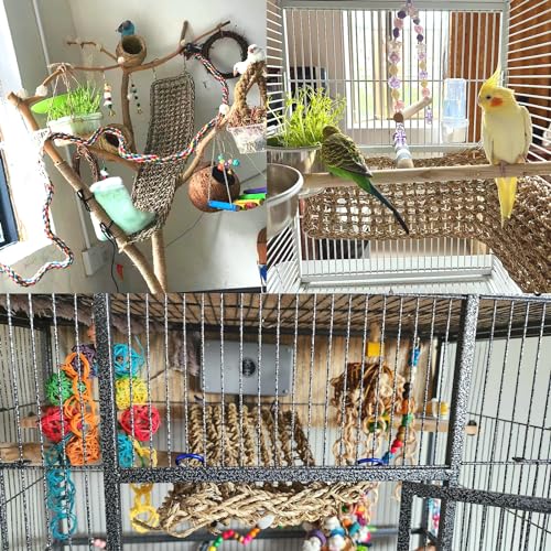 Image of 2Pcs Bird Seagrass Mat 20.5x8'' Natural Grass Woven Net Hammock Hanging on Cage Parakeet Climbing Rope Ladder Chew Toys for Lovebird Cockatiel Conure Budgie Cockatoo