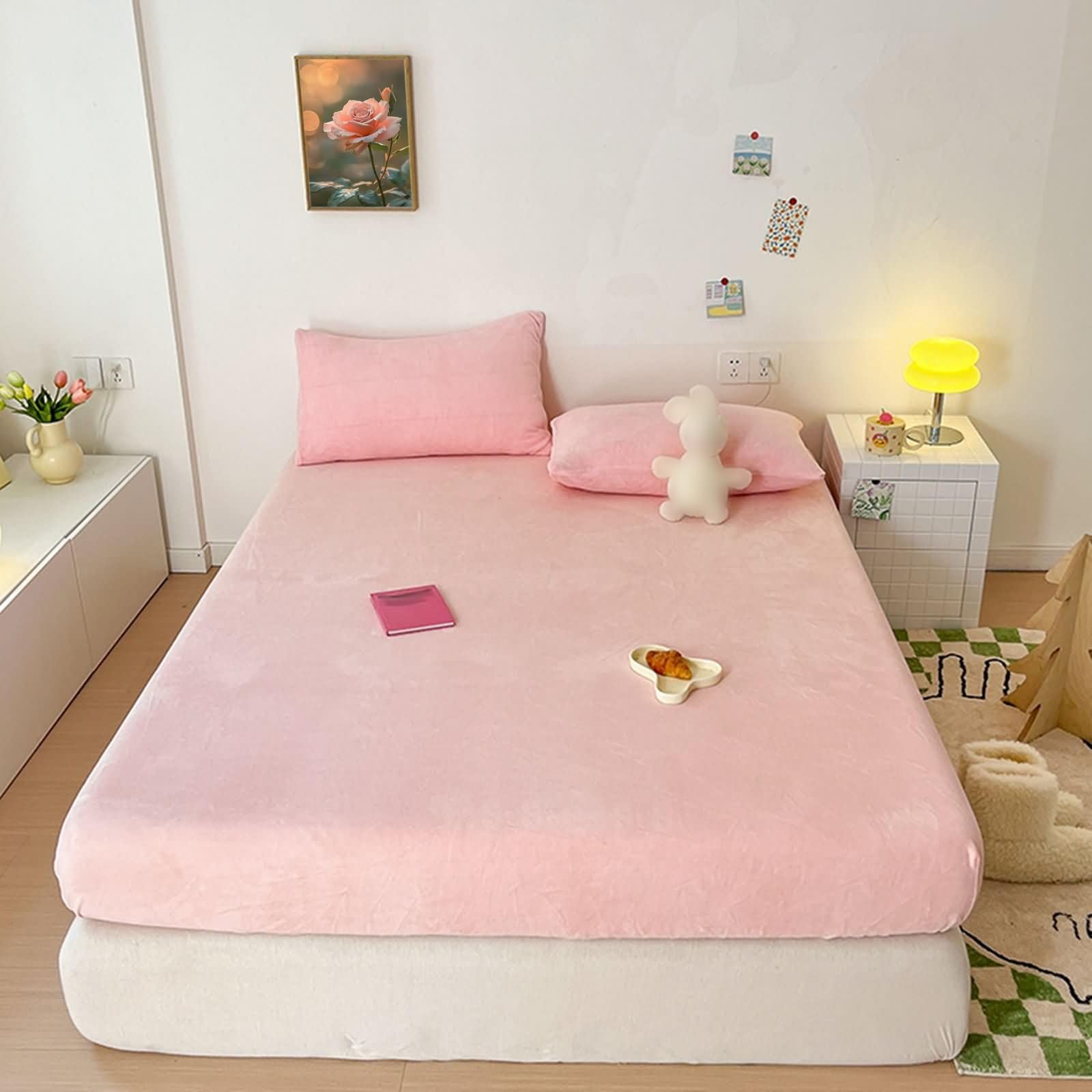KnSam Prześcieradło z gumką 150 x 200 cm, zakładka 25 cm, różowe, jednolite aksamitne prześcieradło z gumką, pokrowiec na materac Zimowy, ciepły miękki