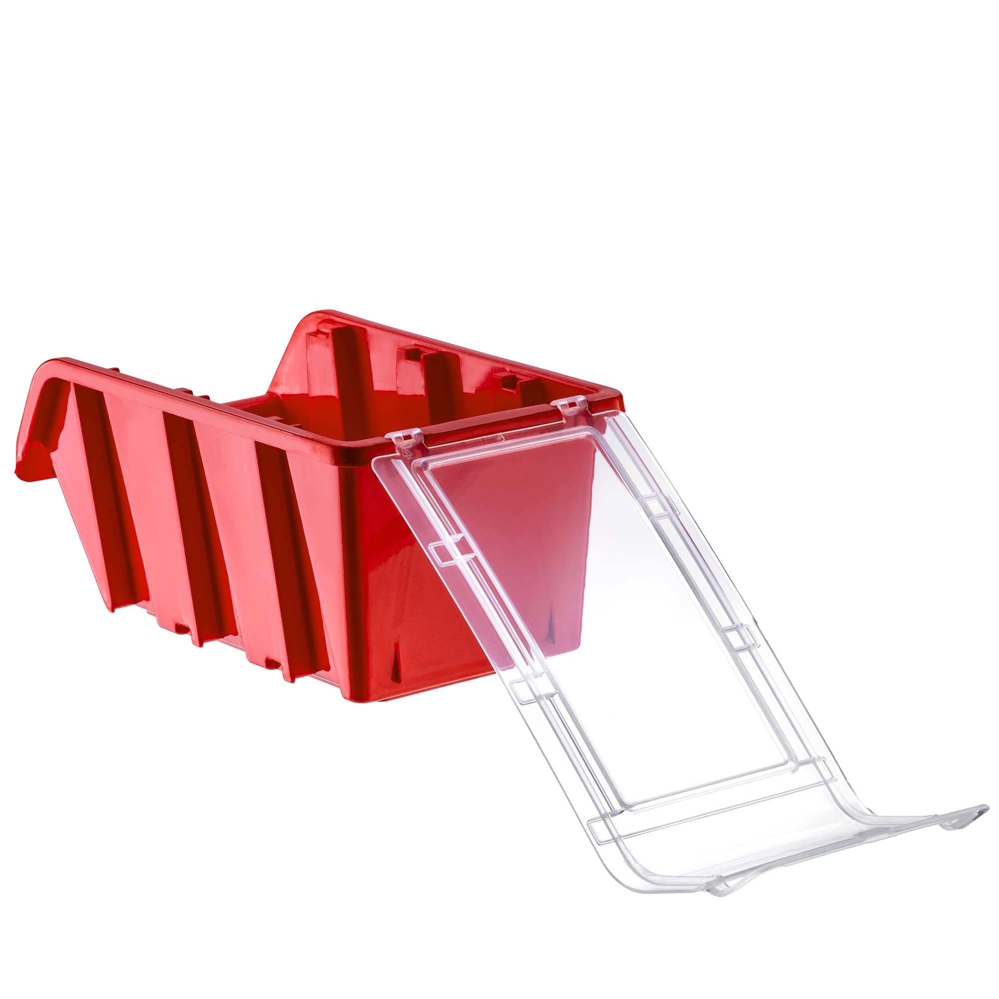 KADAX Caja apilable con tapa, caja de almacenamiento de plástico PP, en diferentes tamaños y colores, cajas de almacenamiento con solapa para pared de herramientas (rojo, 20 unidades - 195 x 120 mm)
