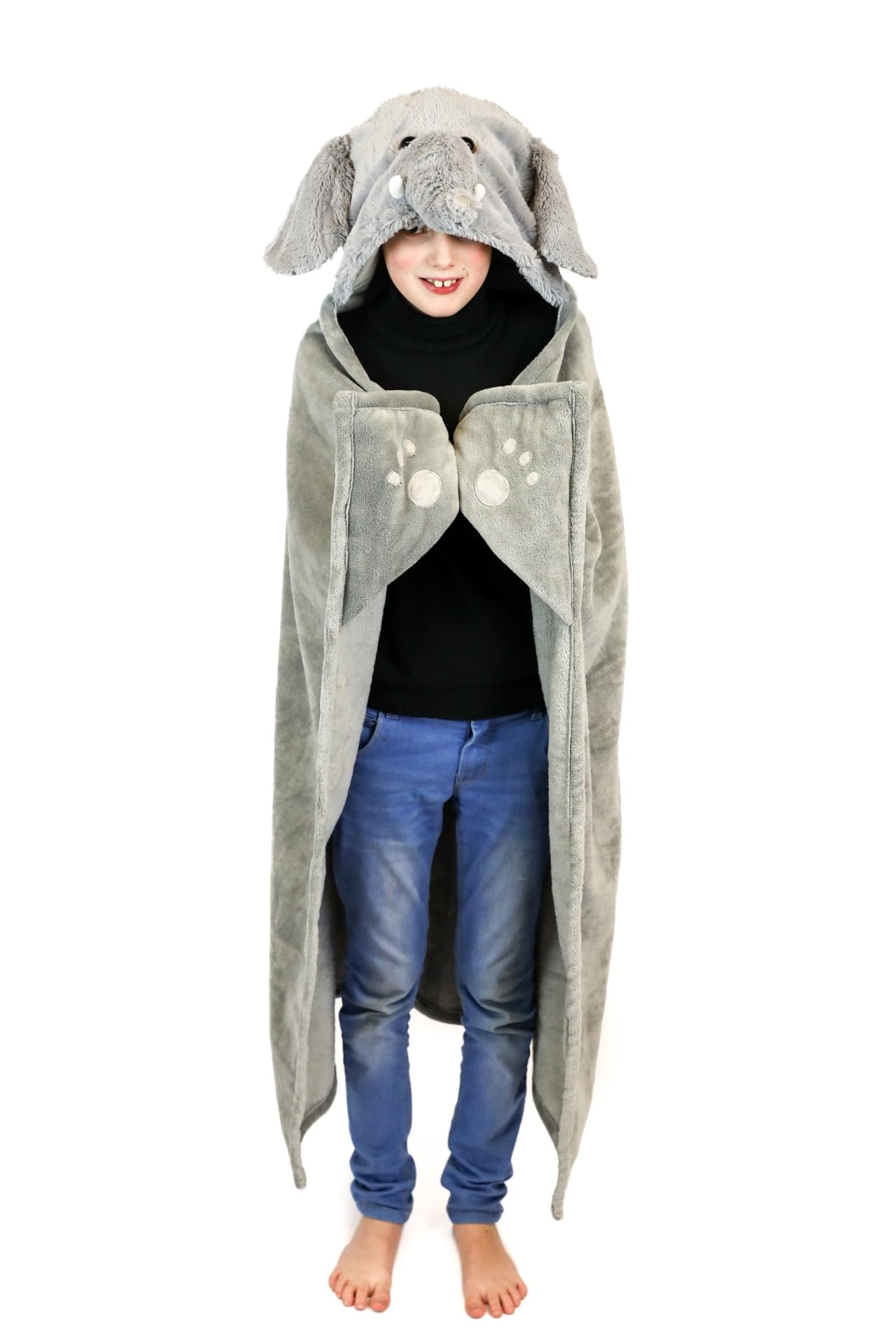 Kids Hooded Blanket & Mittens One Size Plush Animal Wearable Throw - Elephant