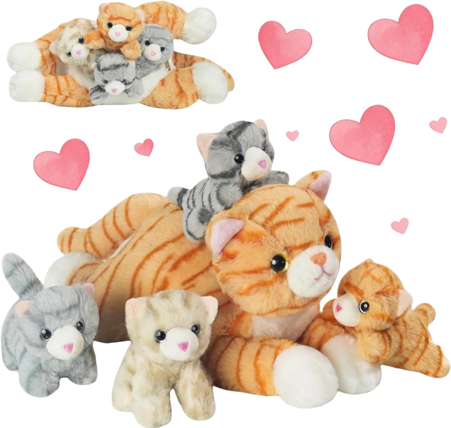 5 Pieces Cat Stuffed Animal with Babies, 1 Mommy Orange Cat Plush Toy Stuffed Cat with 4 Babies Plush Kittens, Stuffed Kitty Plush Toys for Kids Girls Boys Birthday Easter Stuffers Gifts