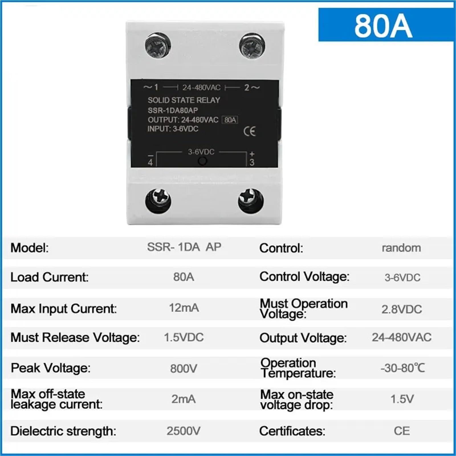 Losowy przekaźnik półprzewodnikowy SSR 10A 25A 40A 60A 80A 100A 120A DC Sterowanie DC Jednofazowe sterowanie AC 3-6 V DC 24-480 V AC (60 A)