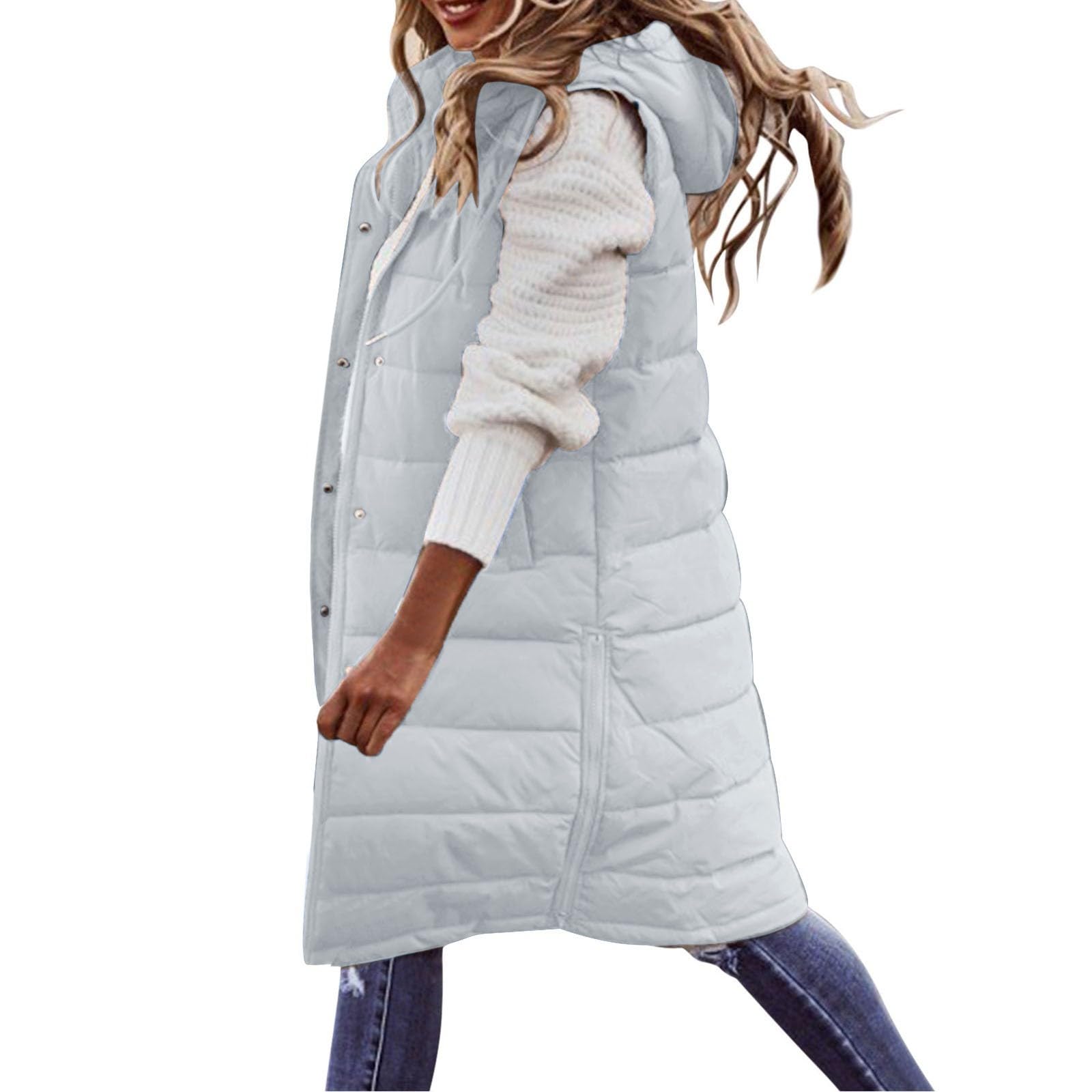 Generisch Langer Wintermantel für Damen, Weste mit, ärmellos, warm, lockerer Daunenmantel mit Taschen, Steppweste, Daunen-Steppmantel für den Außenbereich