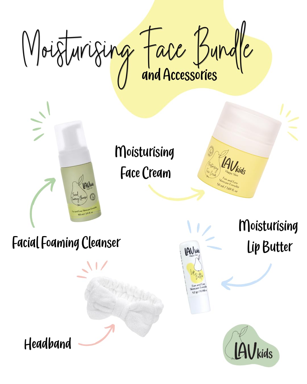LAV Moisturising Face Care Bundle, Face Cream, Foaming Cleanser, Lip Butter with Headband (white, yellow, green) - Image 2