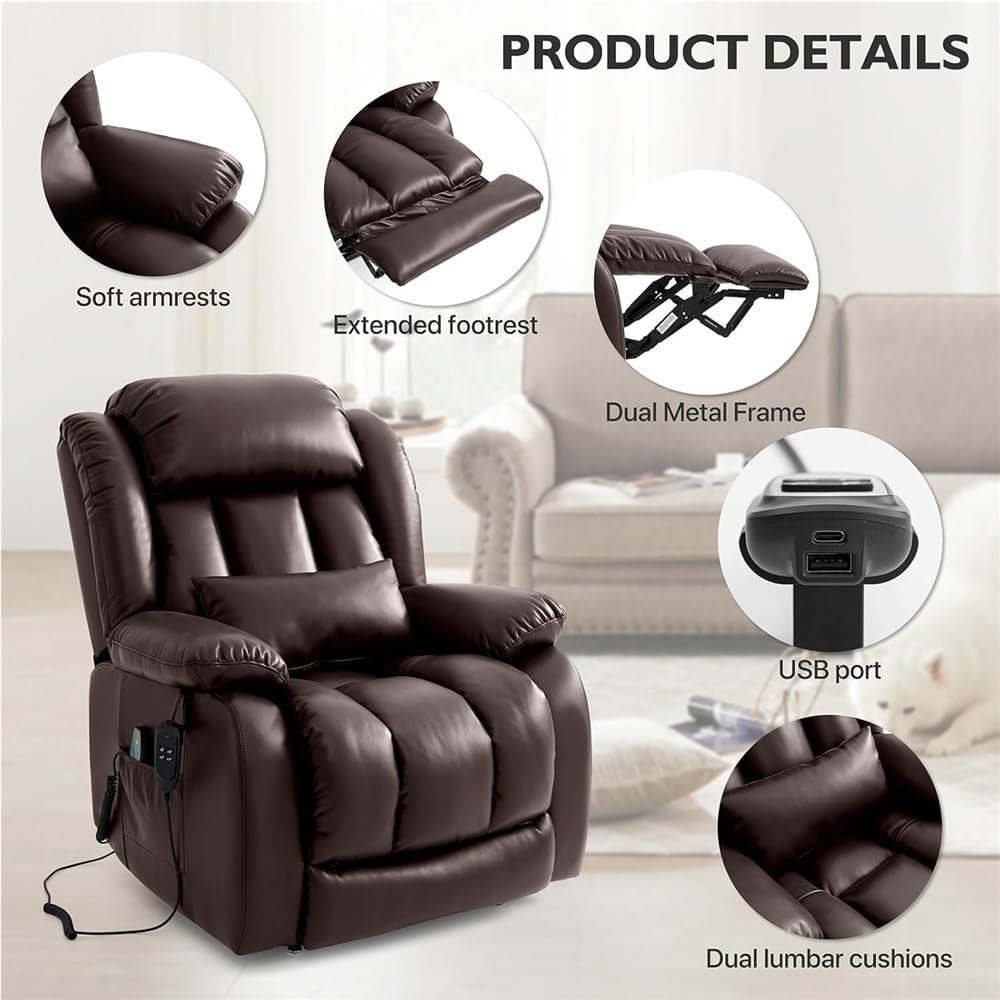 Leather Electric Recliner for Seniors with Power Lift, Adjustable Back & Footrest, Heated Massage Chair, USB Ports, Side Storage Pockets, Comfortable Home Lounge Sofa