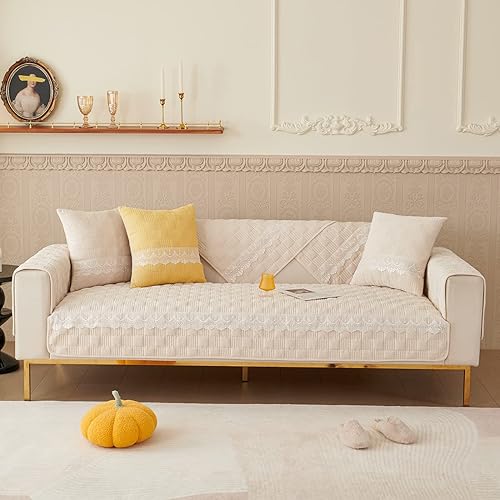 Miniatura 2 de Funda de sofá de pana suave acolchada a cuadros de color liso con decoración de encaje, funda antideslizante para sofá para niños, perros y gatos, 1