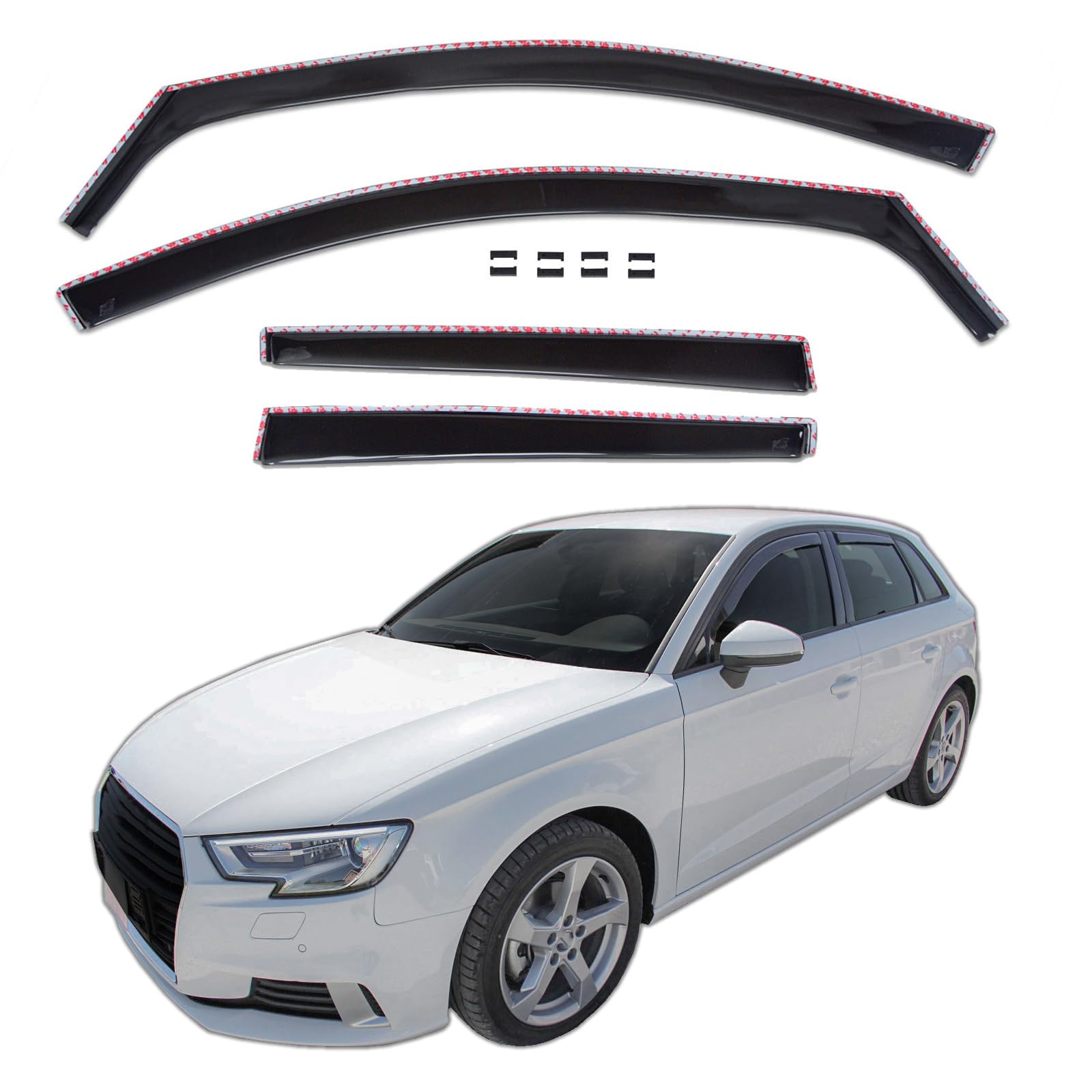 J&J AUTOMOTIVE GD Déflecteurs d'air et de Vent pour Audi A3 8V Sportback 5P. Berline 2012-2020, 4pcs, Teintés, Avant et Arrière, Aérodynamique