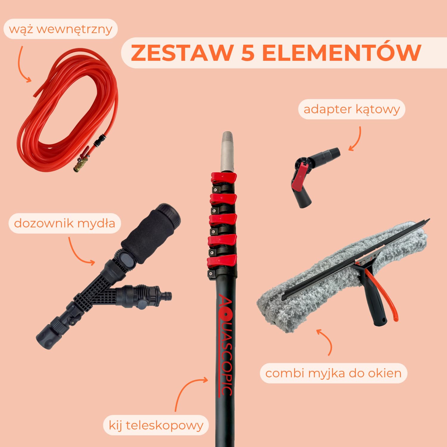 Aquascopic teleskopowy drążek ze szczotką do szorowania – regulowany myjka do okien – do 7,2 m – czyścik do paneli słonecznych – wewnętrzny wąż wodny