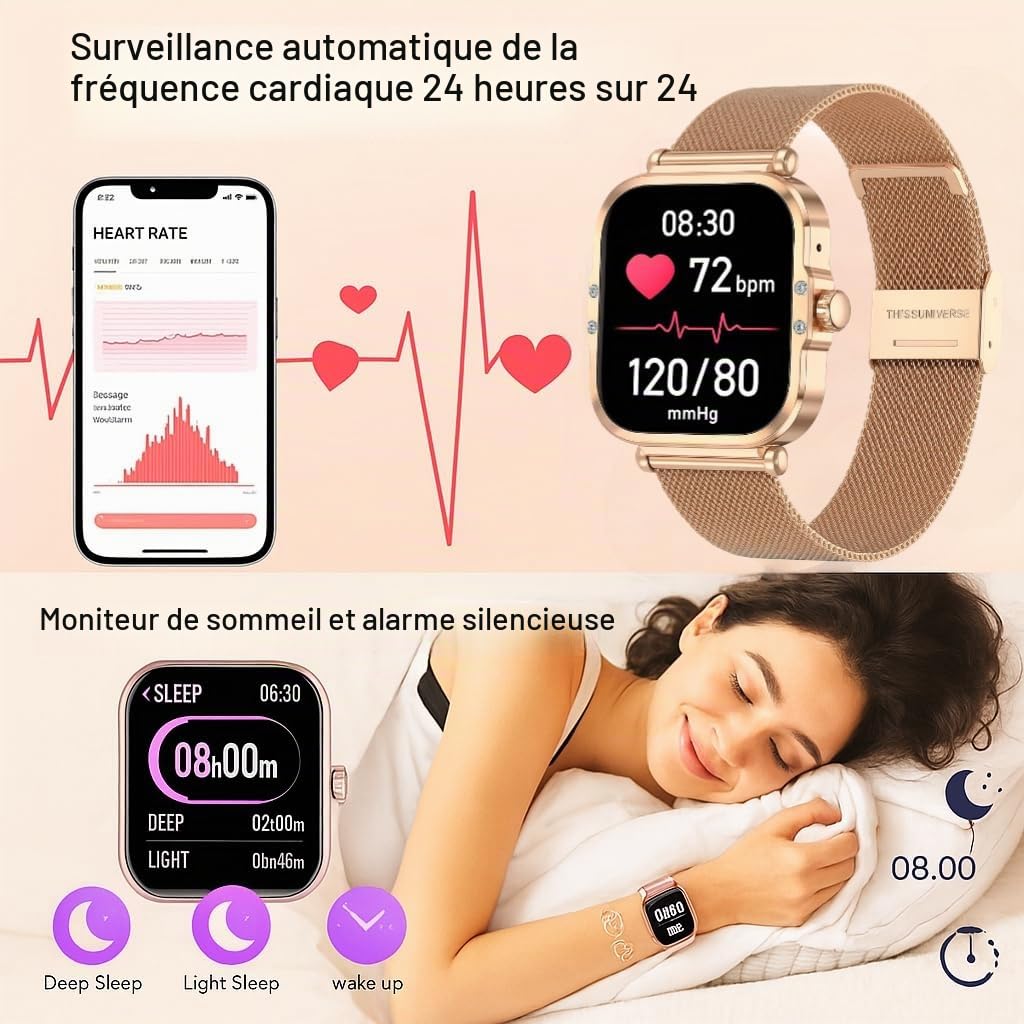Générique Montre Connectée Femme Doré Élégante AMOLED 1.75" –avec 2 Bracelet Acier/Silicone, Fonction Appels Suivi Santé Complet, Design Luxueux Fleur Dorée - SOS