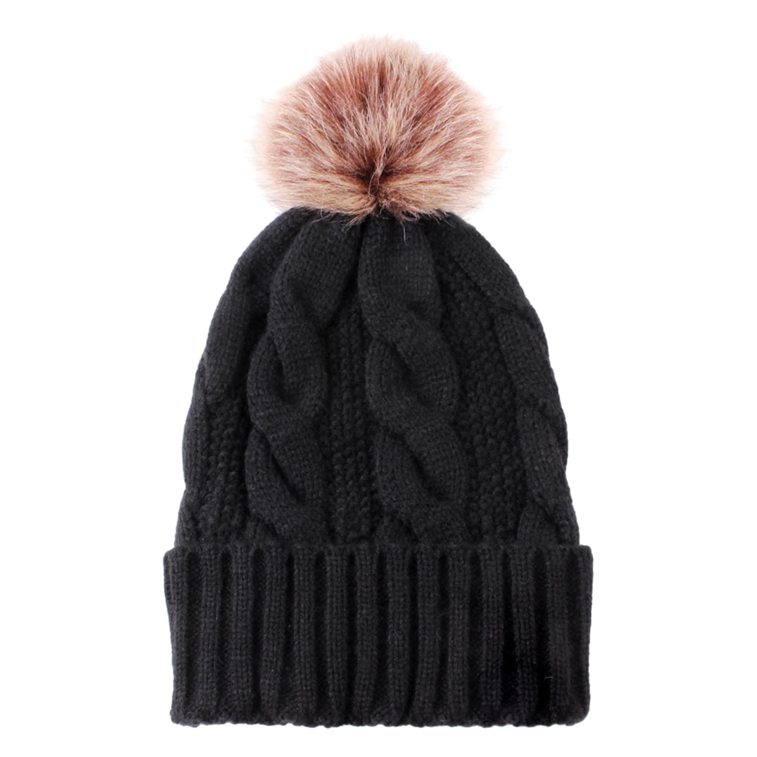 Oaao Unisex Black 1 Piece Of Fur Ball Knitted Hat, Women's Winter Hat, Dome Hat, Windproof Woolen Hat, Winter Thickened Warm Hat, Women's Outdoor Sports Warm Winter Hat, Beanie Hat (Black)