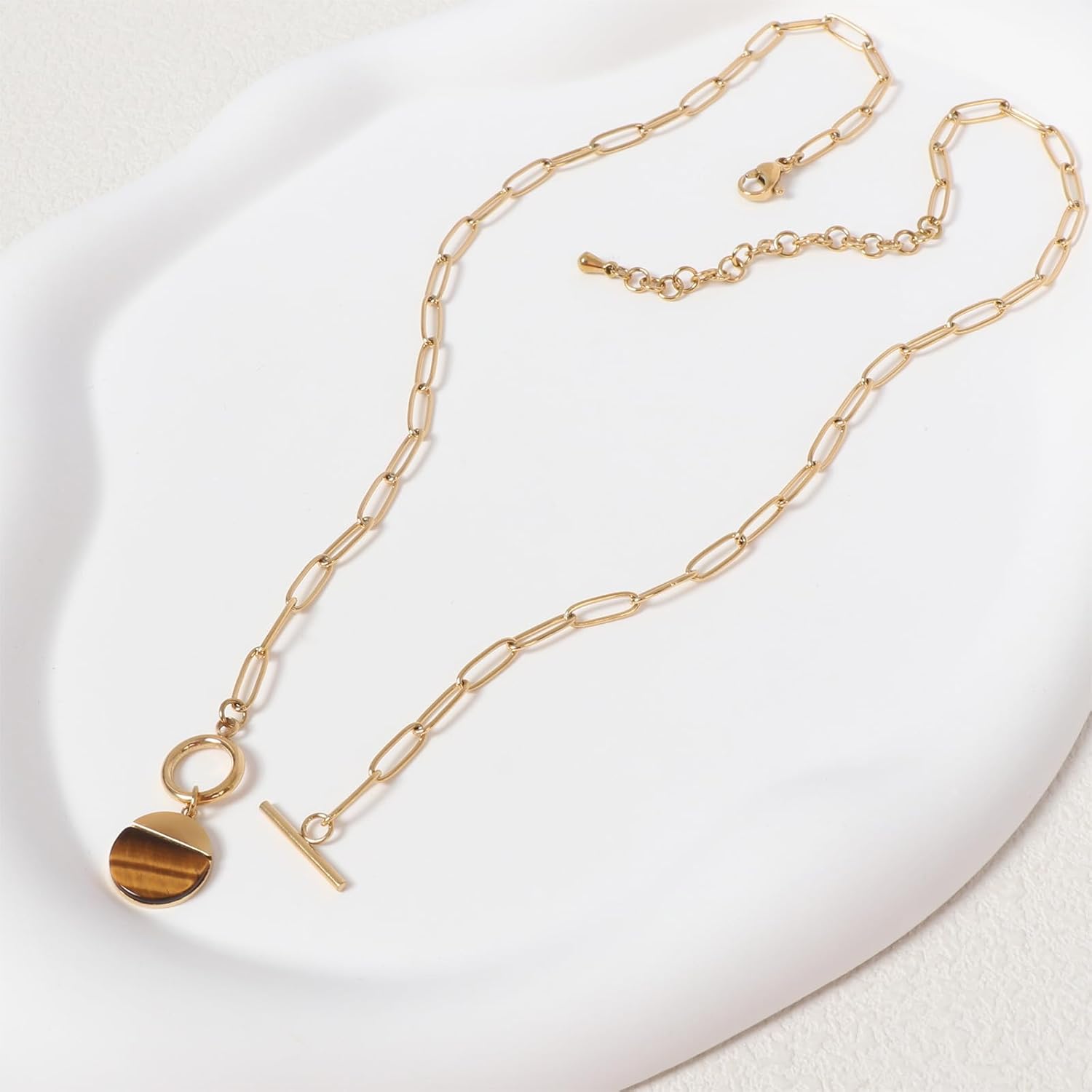 Natural Stone Paperclip Toggle Necklace Dainty Size Heart/Round Teardrop Gemstone Paper Clip Chain Necklace Birthstone Jewelry Gift for Women - Image 3