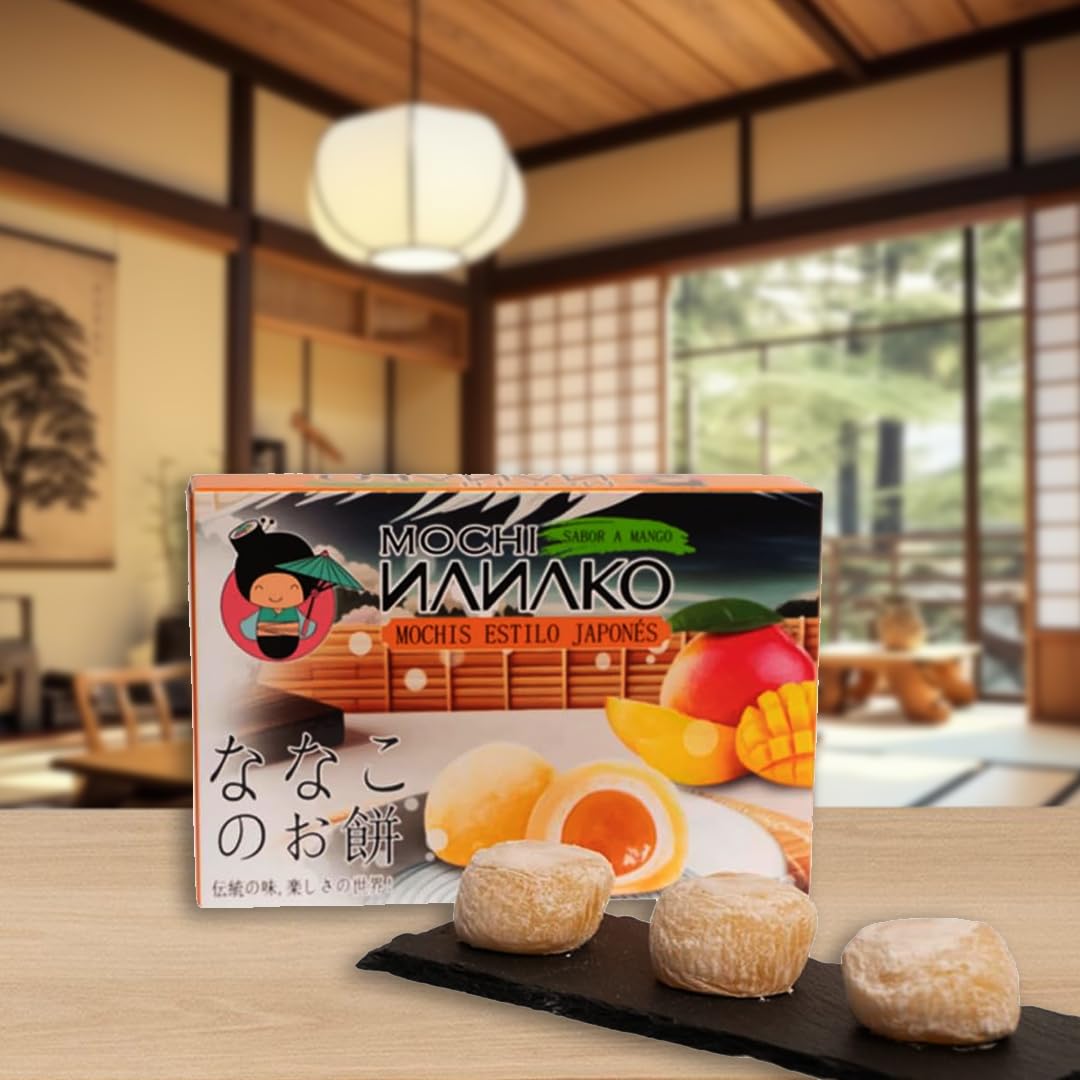 JAPON MARKET Mochi Japonés Sabor Mango Nanako 180g - Dulces Japoneses, Postre Exótico - Chuches Japonesas - Mochis - Snacks Japoneses con Mango - Comida Asiática Dulce - Caja de Chuches Japonesas