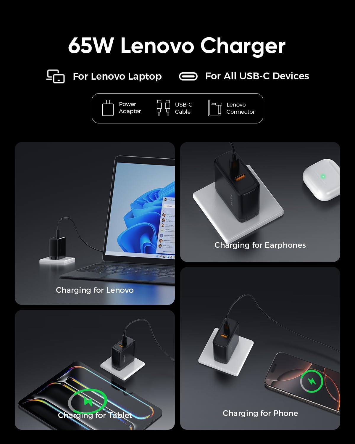 Lenovo Laptop Charger, 65W Laptop Charger for Lenovo IdeaPad S/U/Yoga/Flex Series & Miix and All USB-C Devices, Power Cord 4.0x1.7mm Barrel Plug