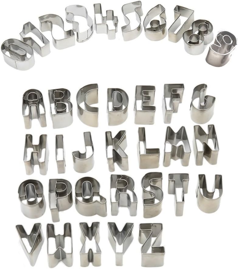 Aivini Biscuit Cutters Set Alphabet and Numbers Metal Mini A-Z Capital Letters and 0-9 Set of 36pcs Tools for Cookie Fruit vegetables Stainless Steel Mold