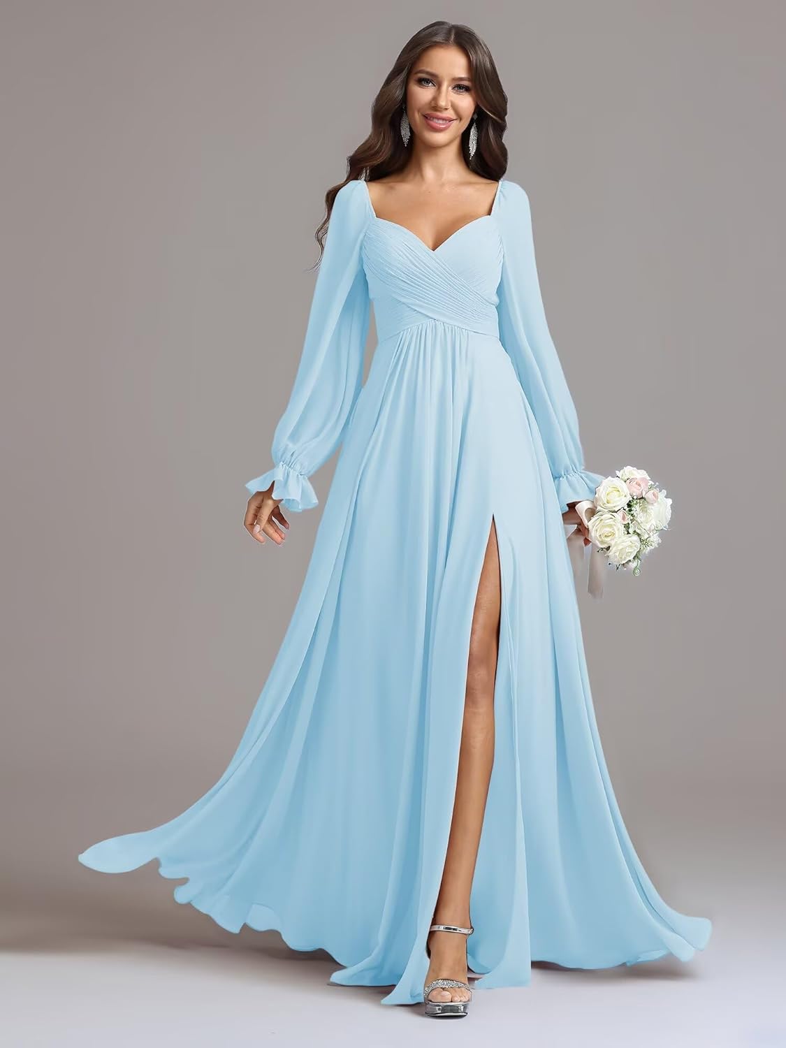 Women's Elegant Long Sleeve Chiffon Formal Dress Evening Gown Ruffled Cuffs Flowy A-Line Maxi Dress