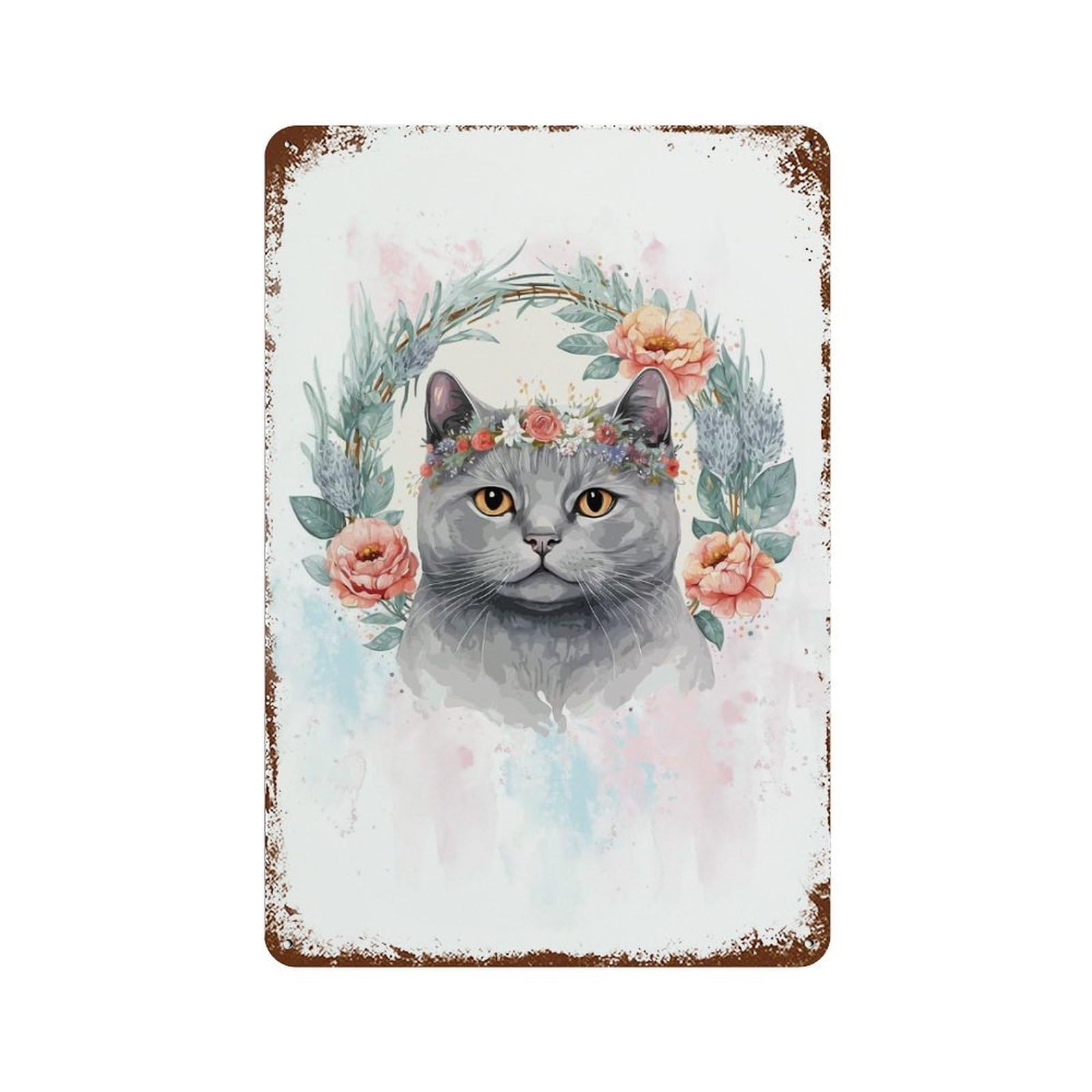 British Shorthair Cat Art Rust Effect Tin Sign 11.8"x7.9", Vintage Wall Decor for Pub, Kitchen And Man Cave Decor